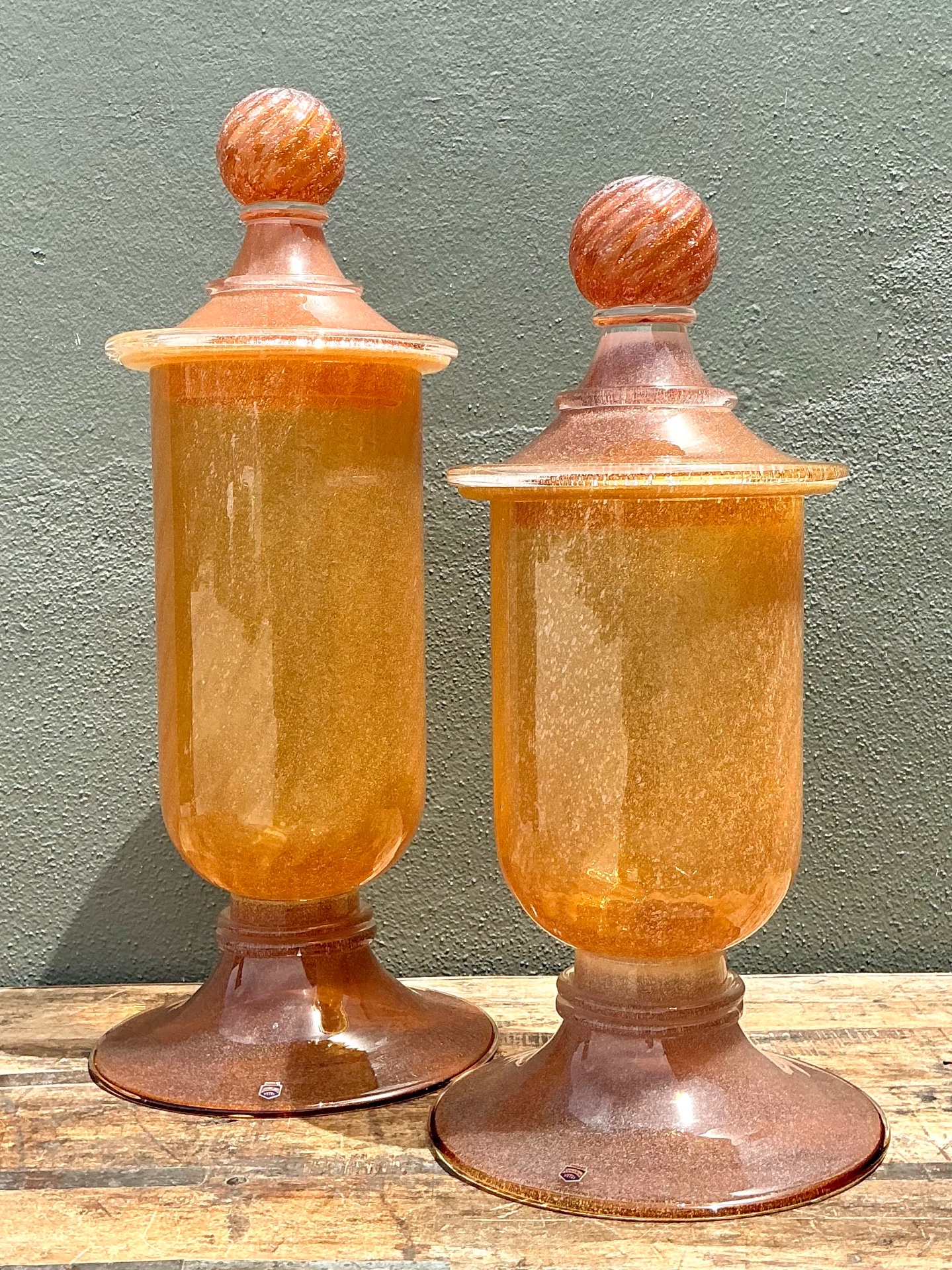 Vintage Murano Vietri Amber Glass Apothecary Jars - Pair - Detail view
