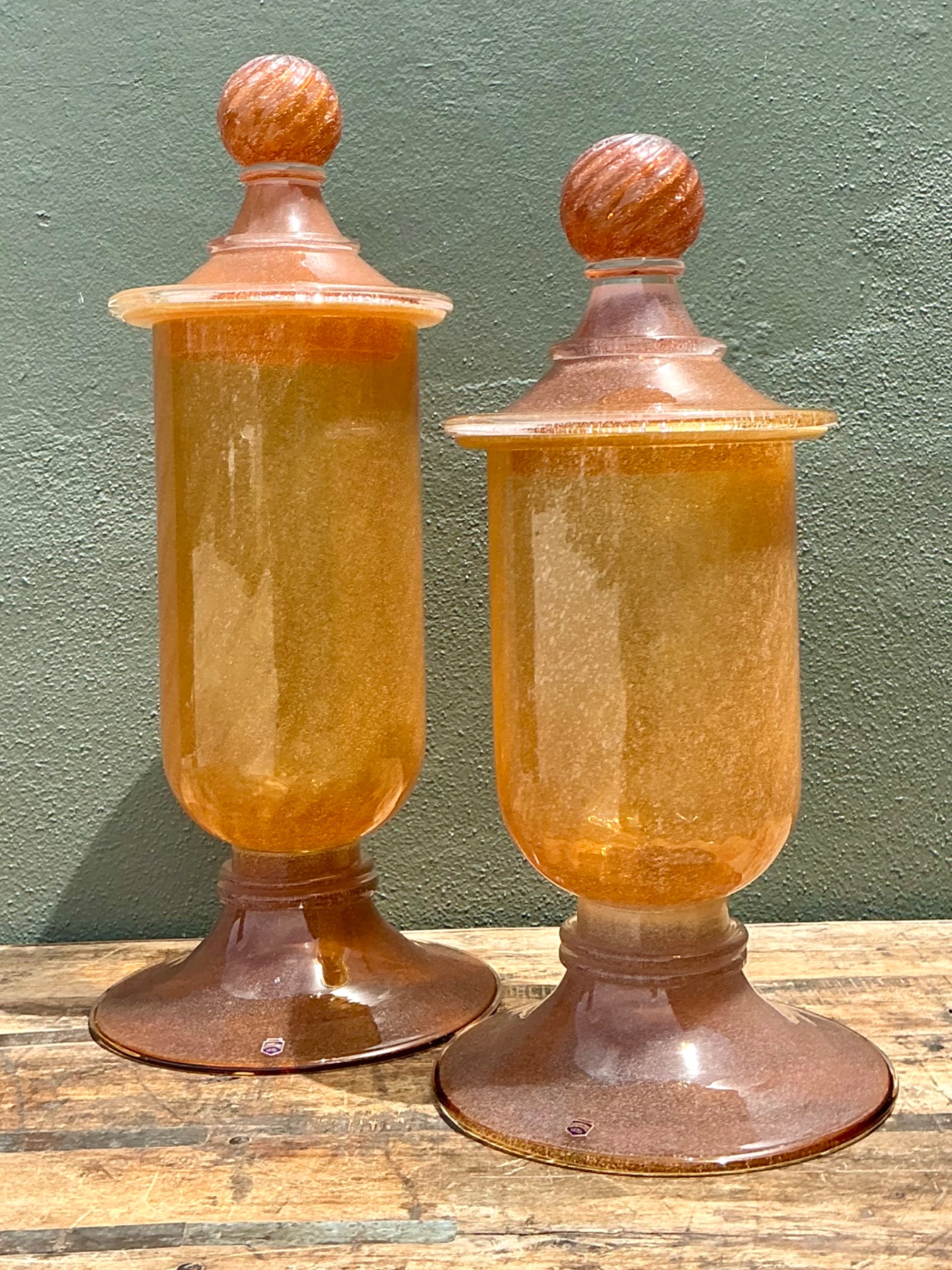 Vintage Murano Vietri Amber Glass Apothecary Jars - Pair - Back view