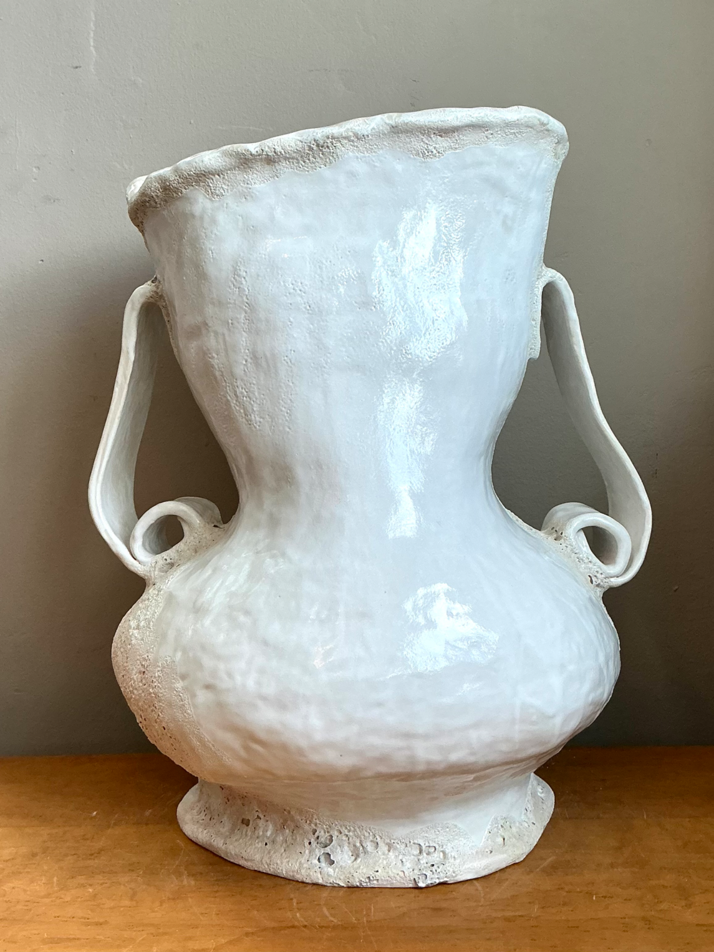 Vintage Monumental White Ceramic Double-Handled Vase - Top view
