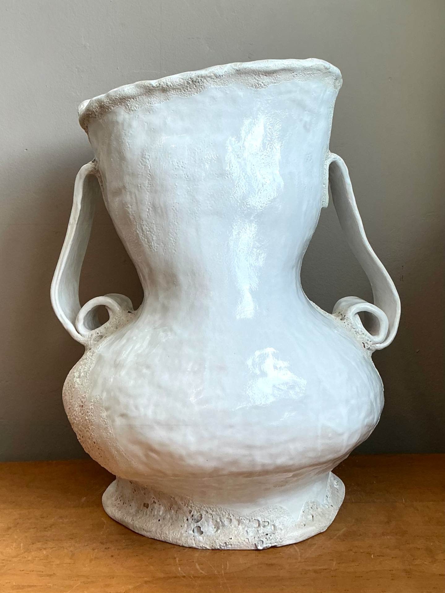Vintage Monumental White Ceramic Double-Handled Vase - Back view
