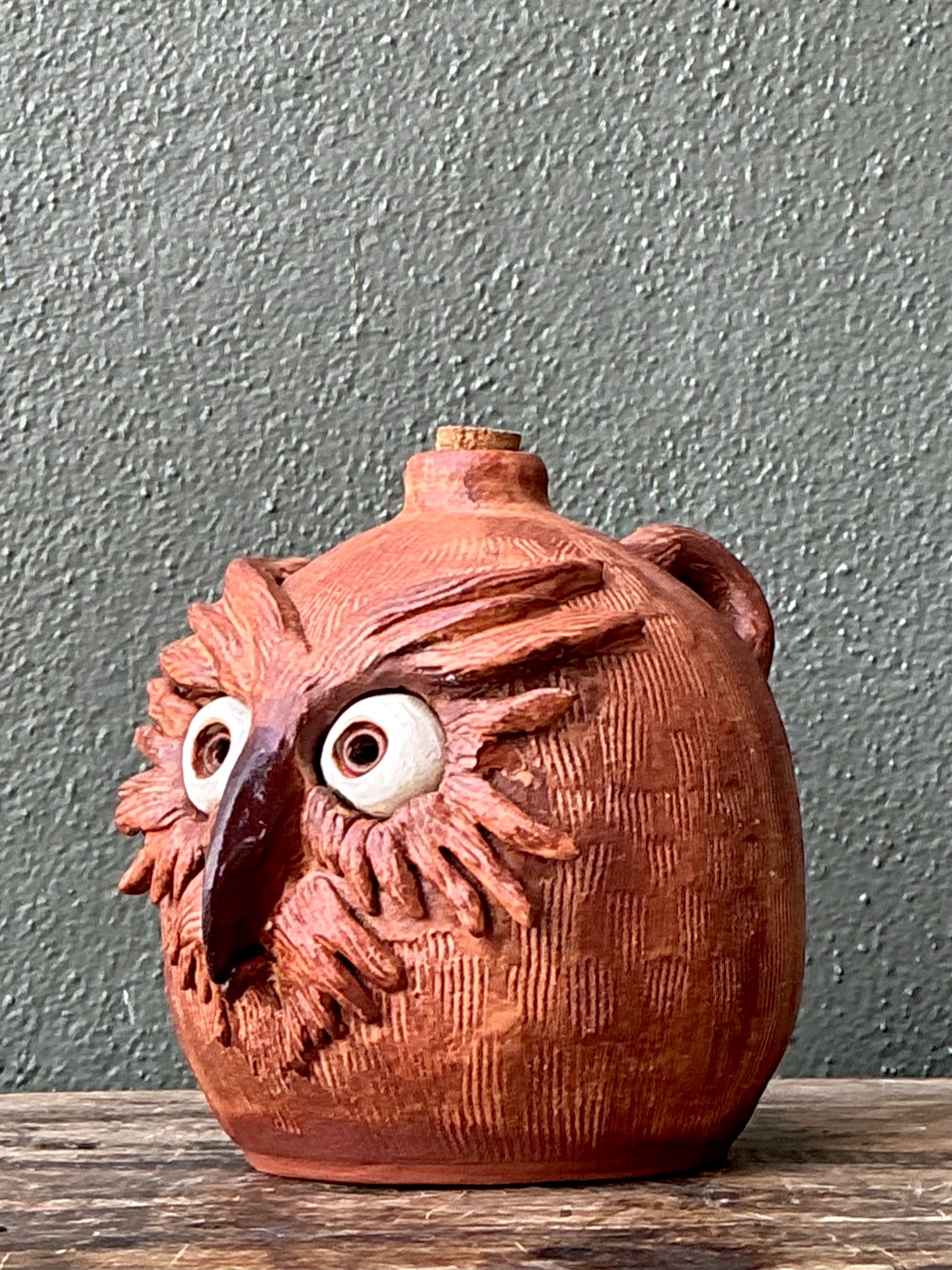 Vintage Handcrafted Ceramic Owl Jug - Top view