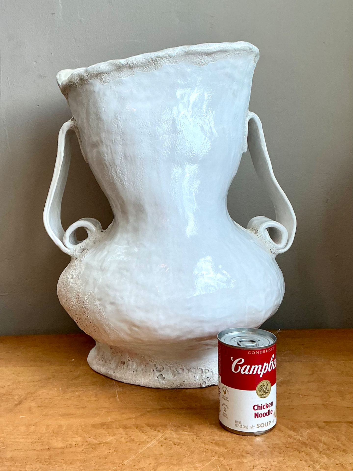 Vintage Monumental White Ceramic Double-Handled Vase - Detail view