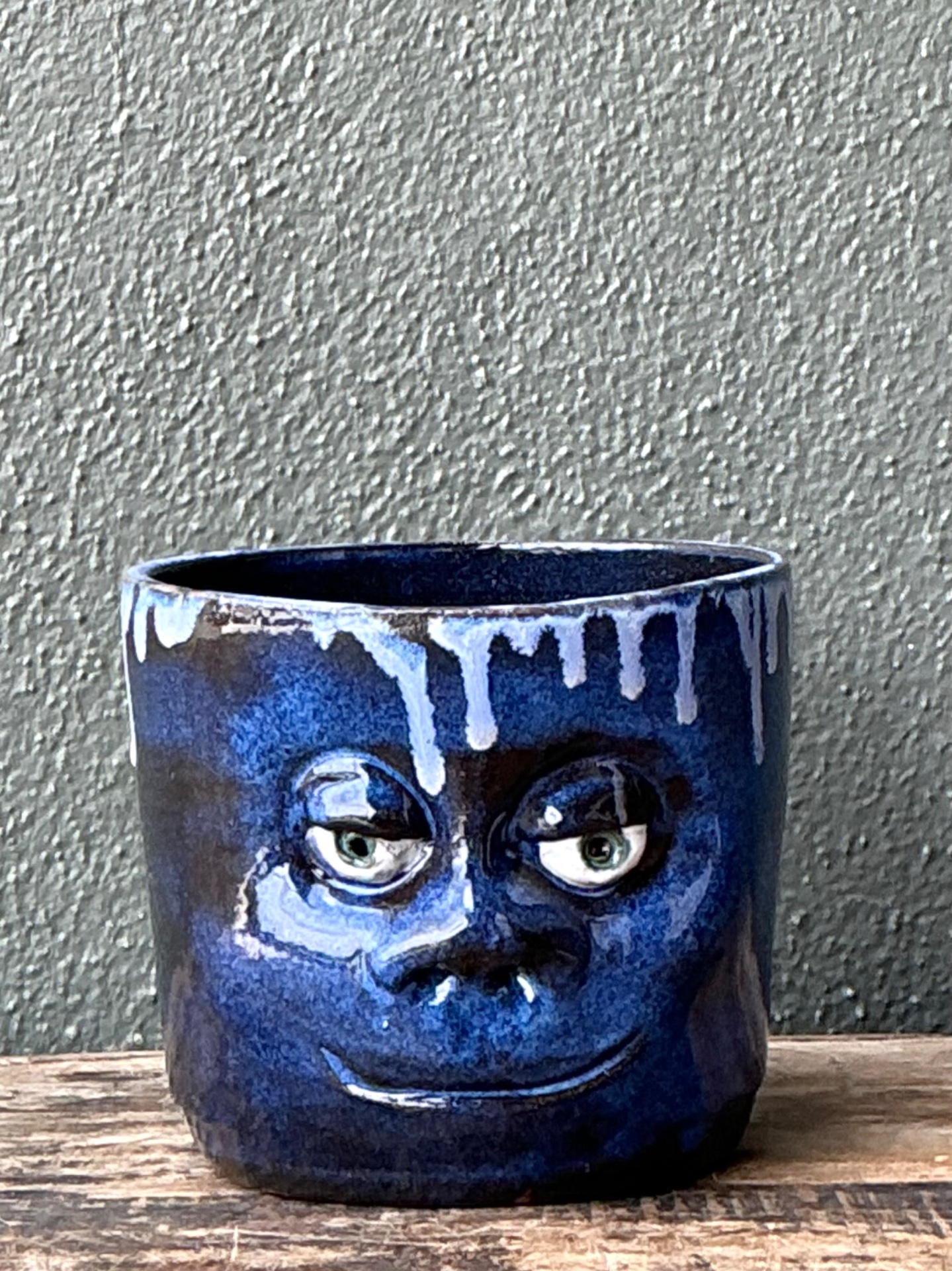 Vintage Drip Glaze Ceramic Face Planter - Side view