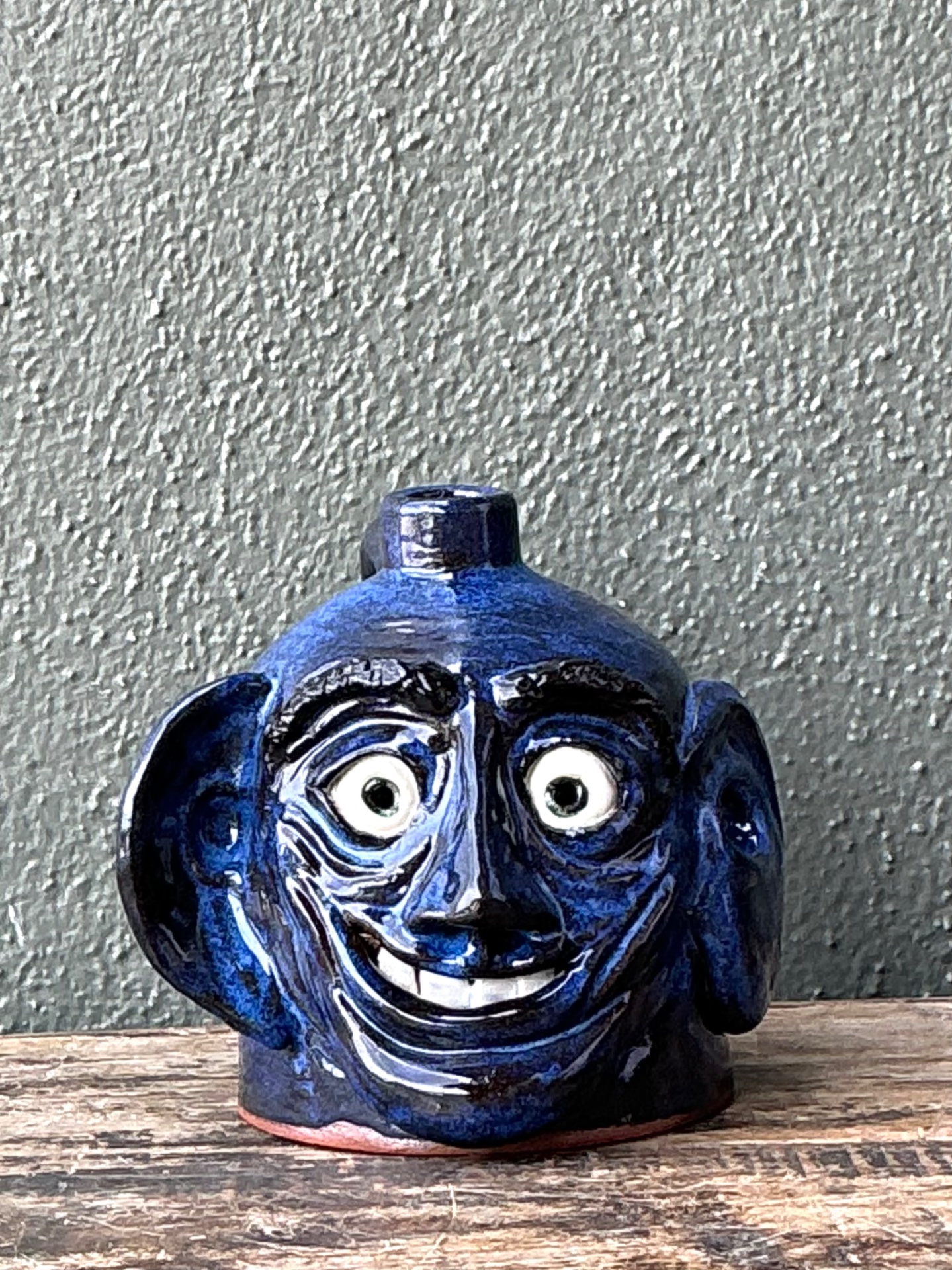 Vintage Blue Glazed Ceramic Face Jug - Back view