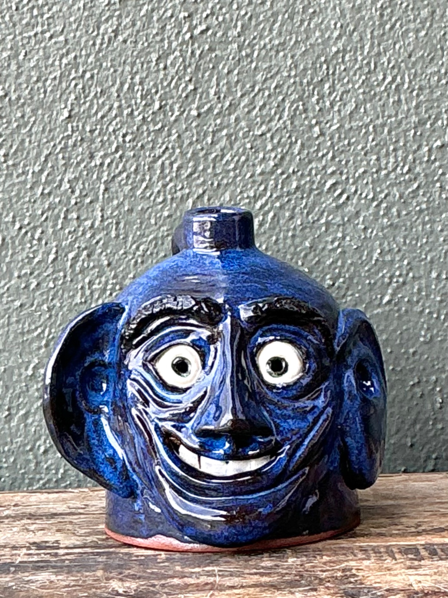 Vintage Blue Glazed Ceramic Face Jug - Back view