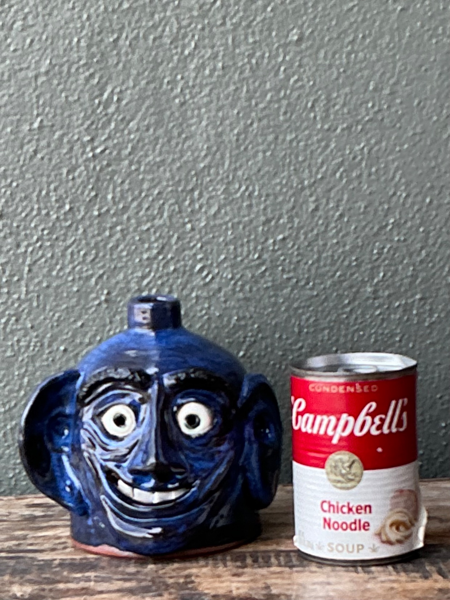 Vintage Blue Glazed Ceramic Face Jug - Detail view