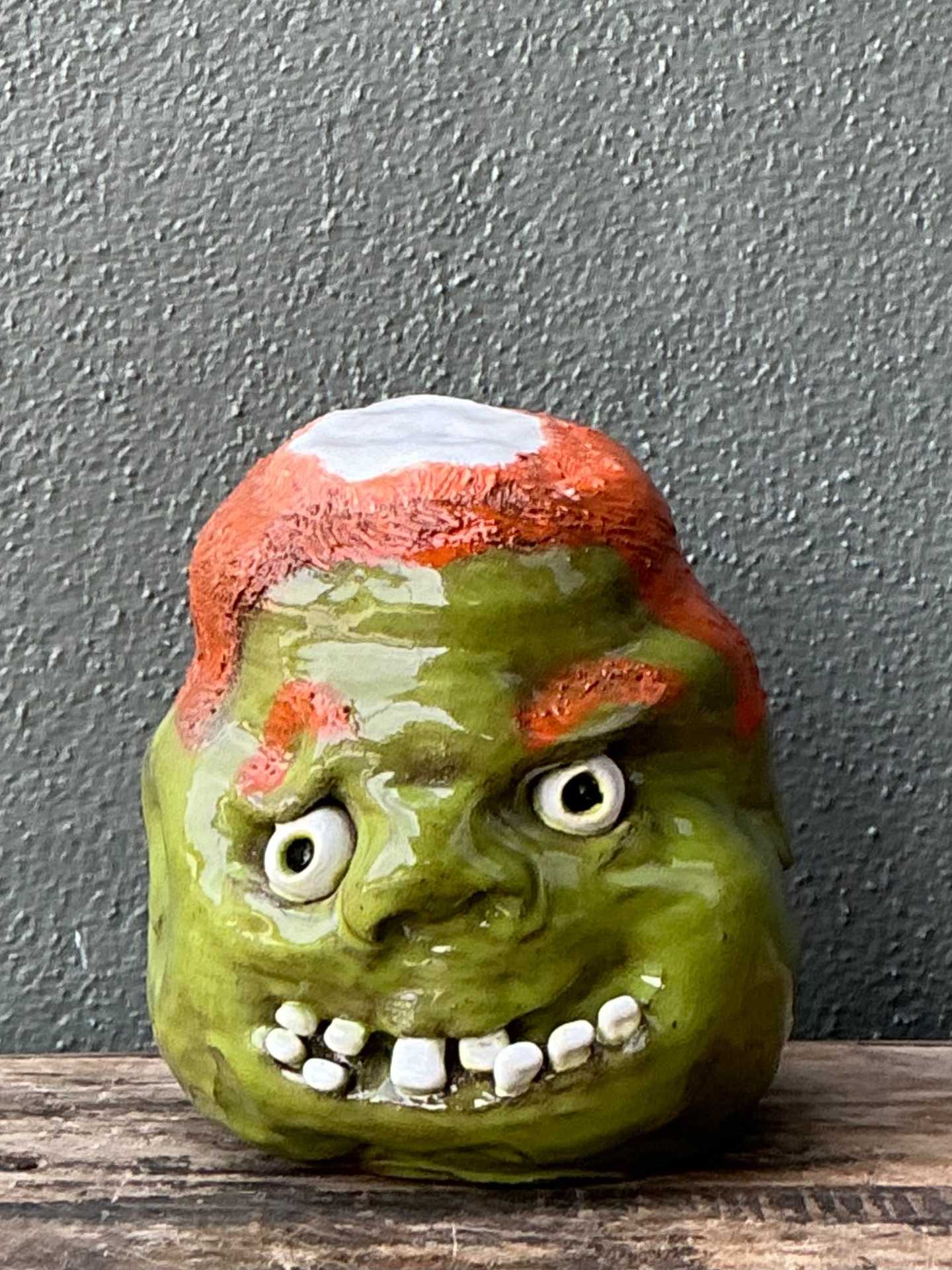 Vintage Handcrafted Green Ceramic Face Jug - Back view
