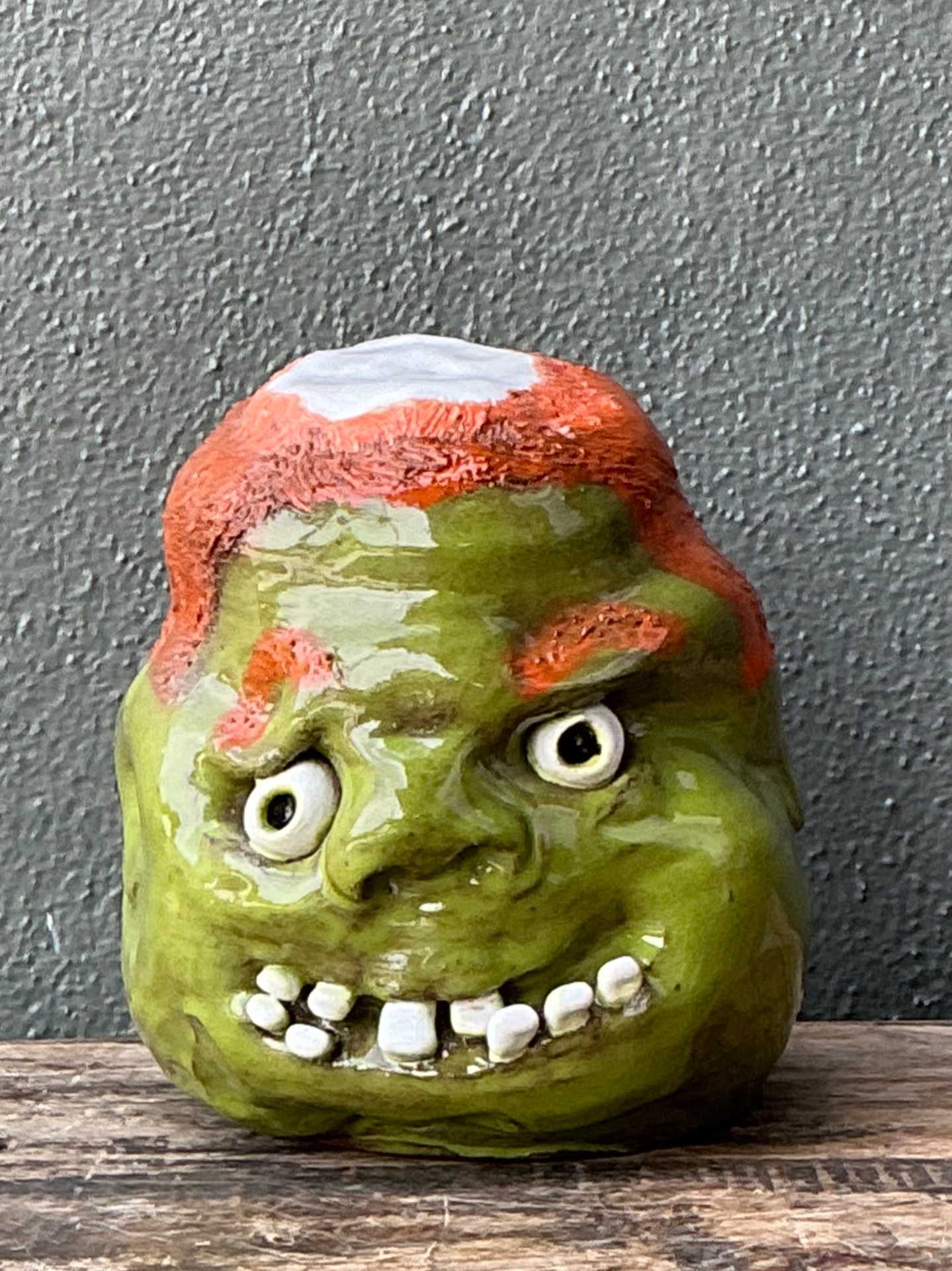 Vintage Handcrafted Green Ceramic Face Jug - Detail view