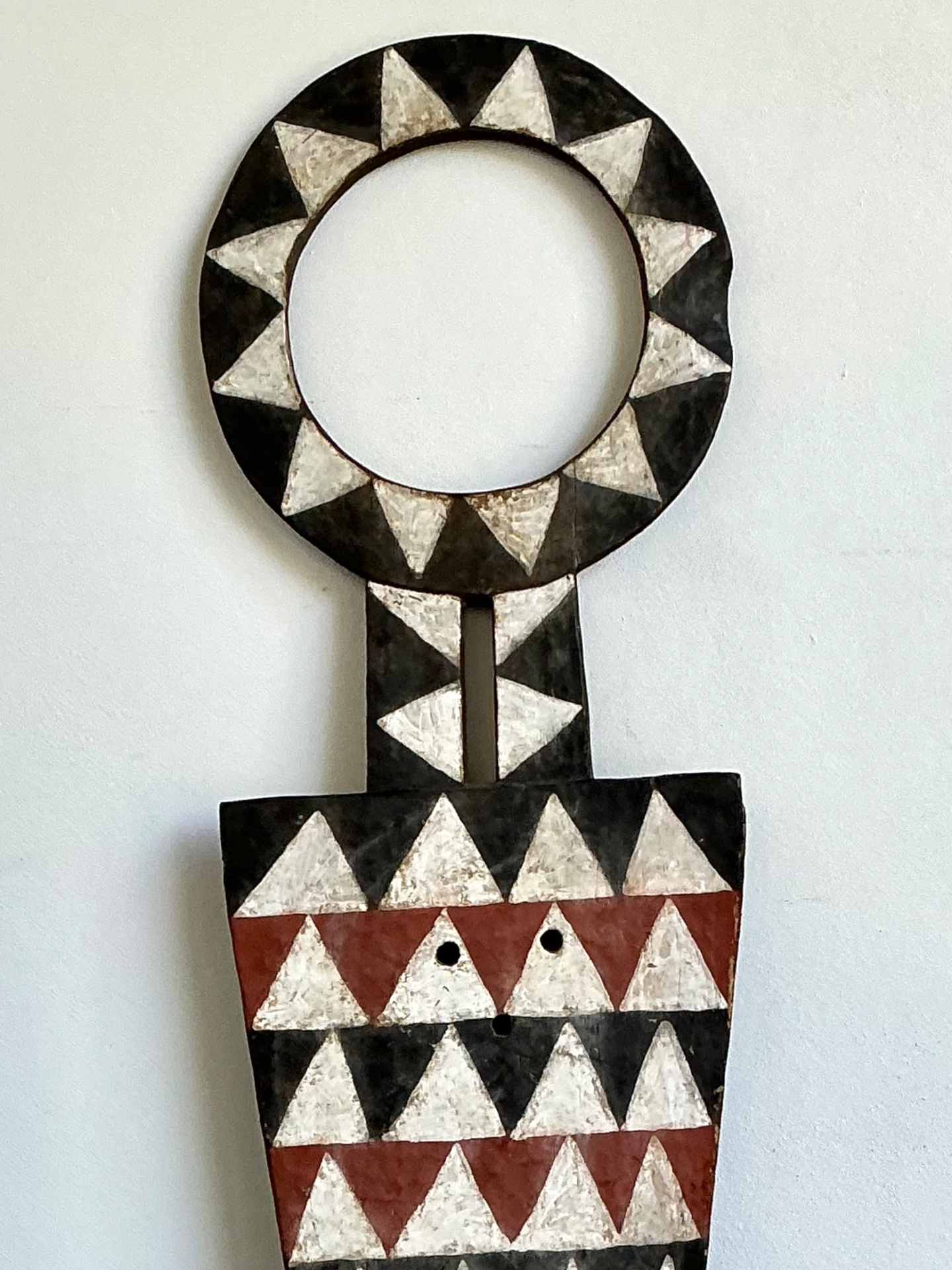 Vintage Tribal Geometric Painted Wood Shield - Wood, 22W x 74.5H - Side view
