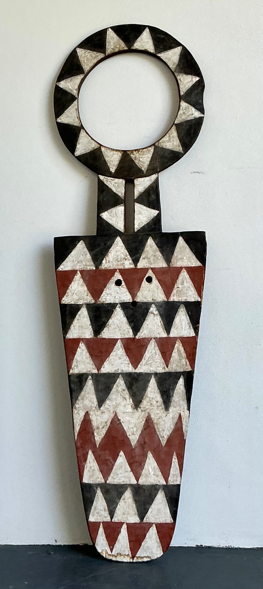 Vintage Tribal Geometric Painted Wood Shield - Wood, 22W x 74.5H - Back view