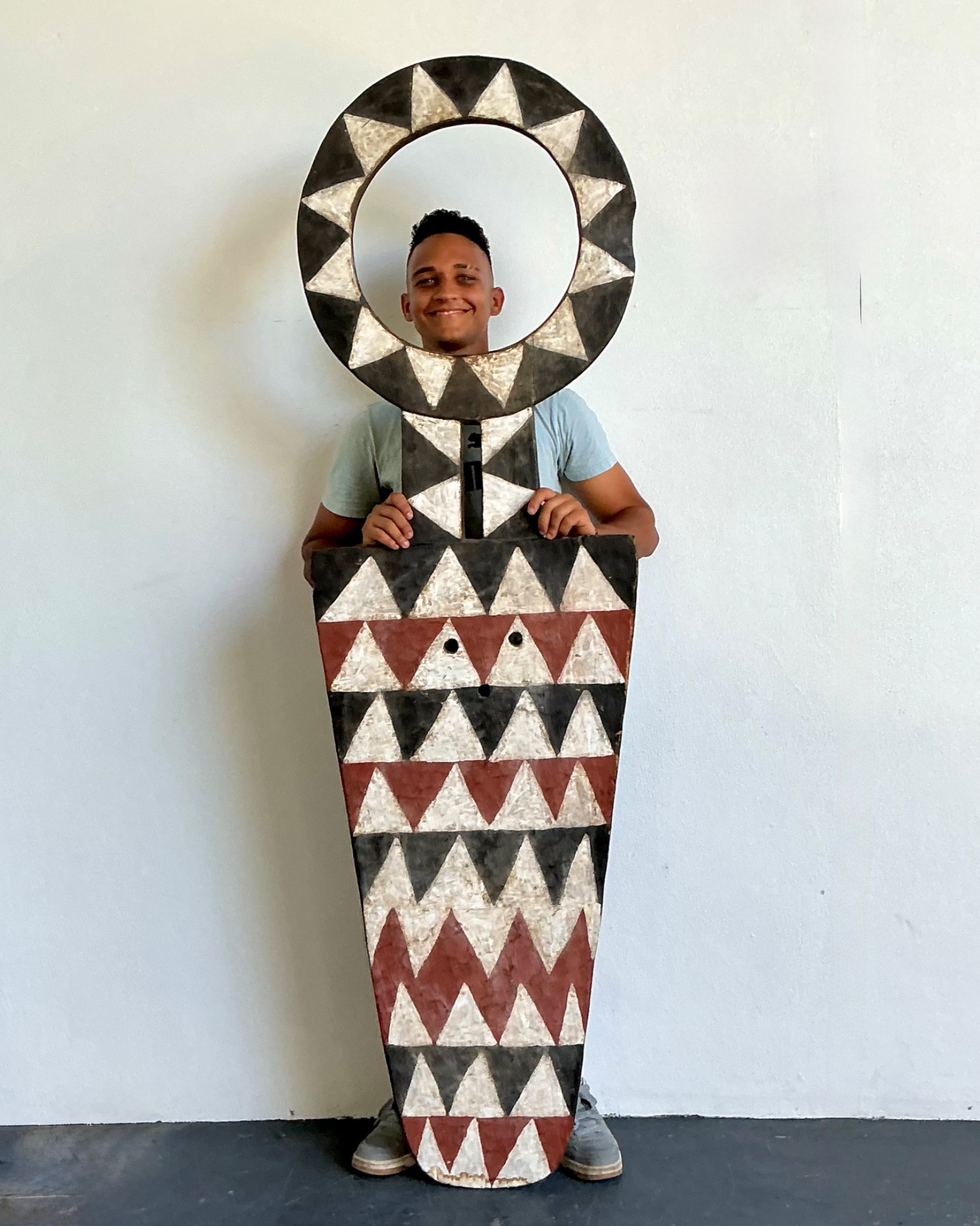Vintage Tribal Geometric Painted Wood Shield - Wood, 22W x 74.5H - Detail view