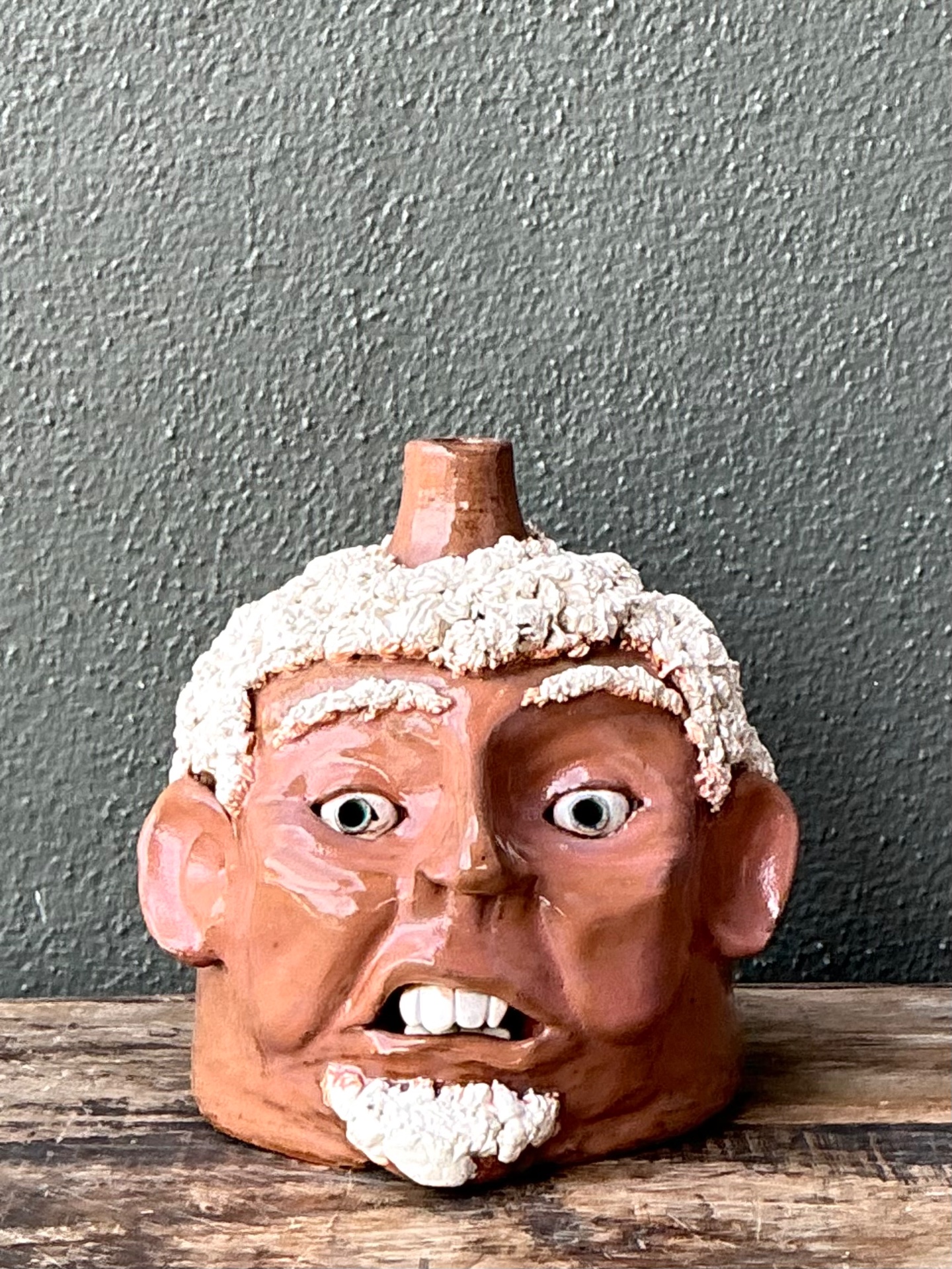 Vintage Handcrafted Ceramic Face Jug - Top view