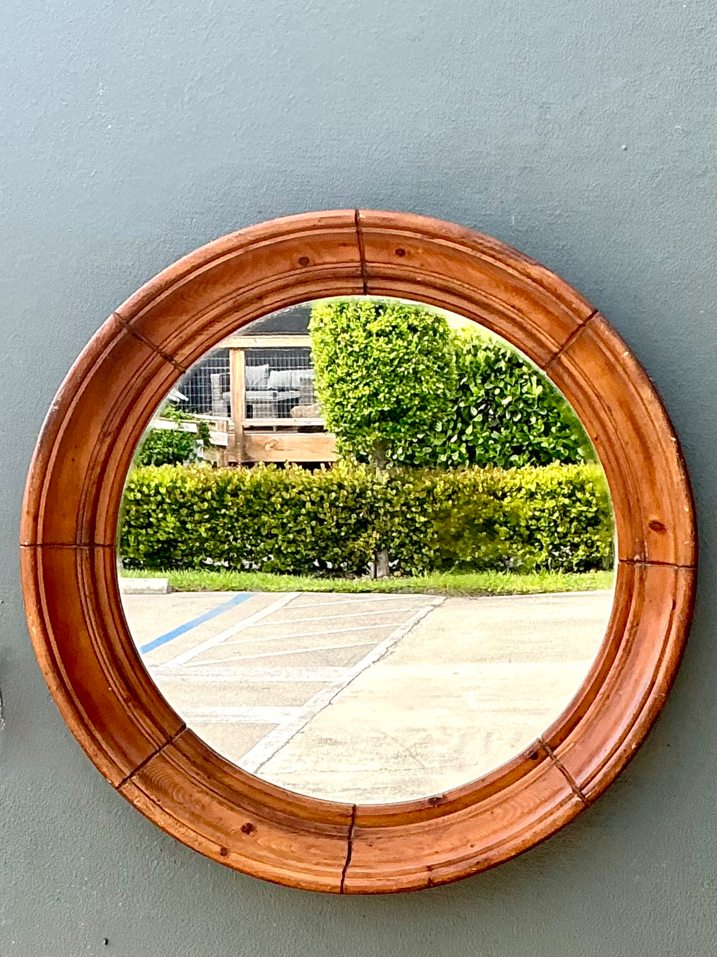 Vintage Round Wood Frame Mirror - Detail view