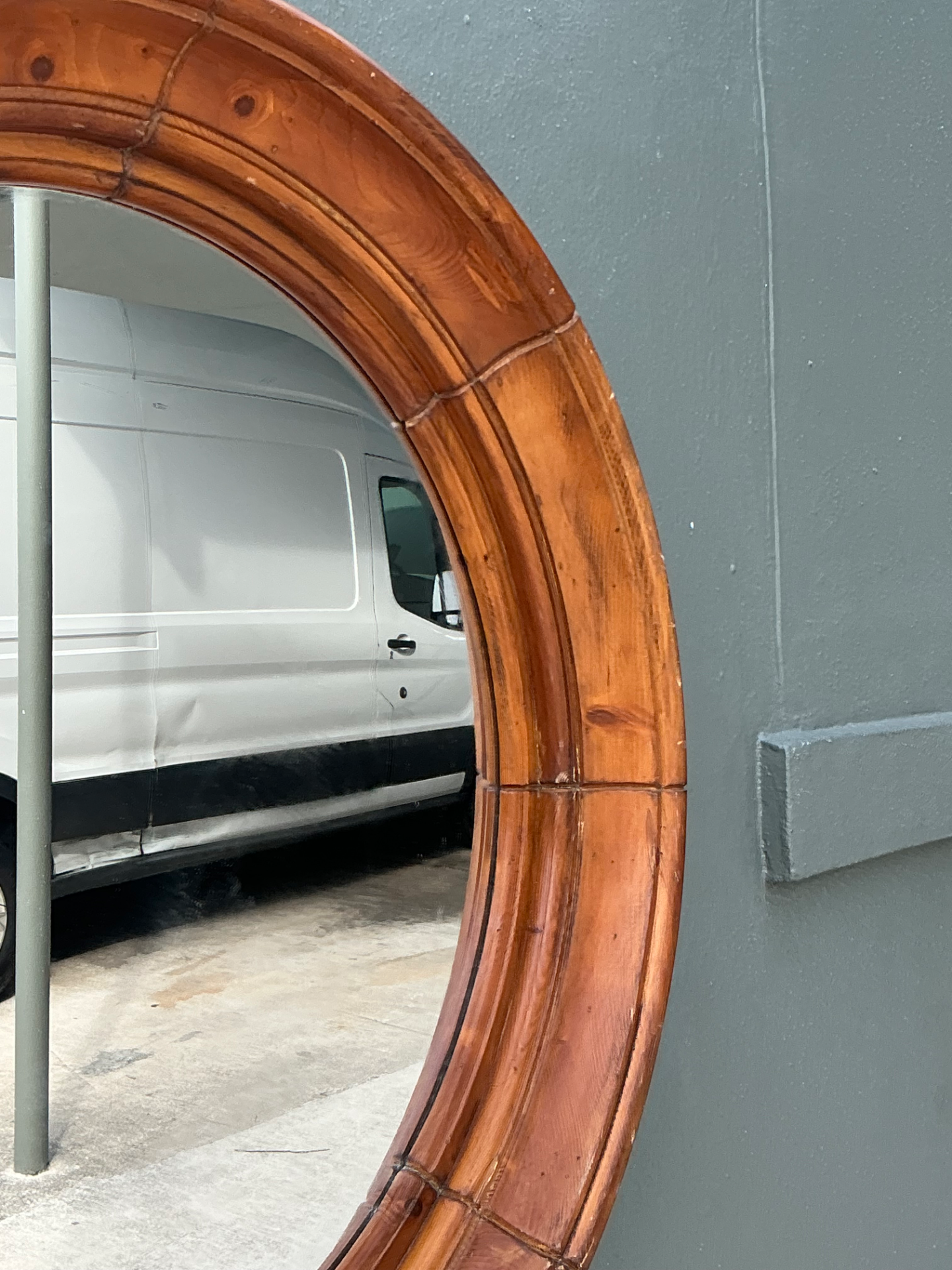 Vintage Round Wood Frame Mirror - Side view