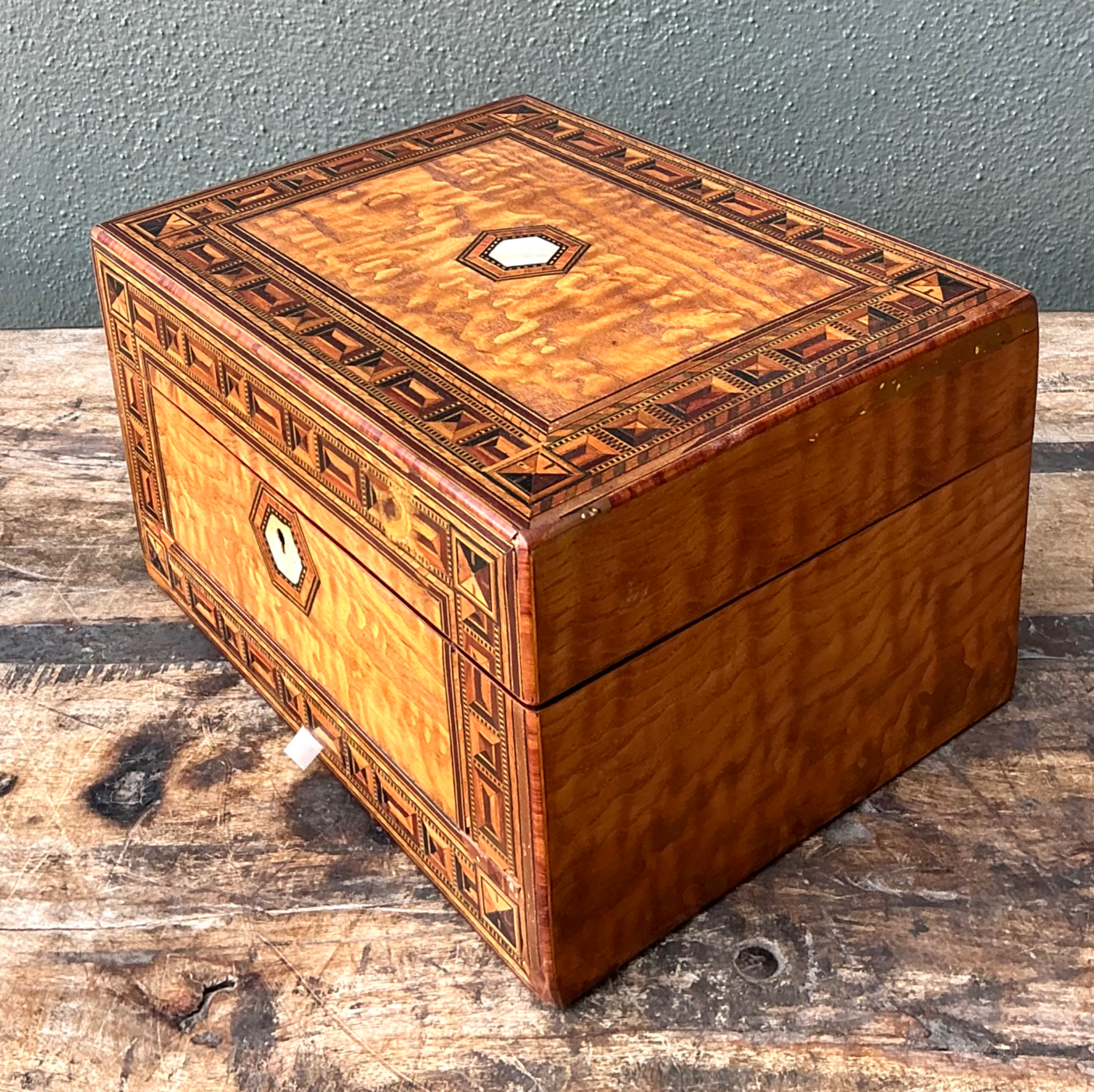 Vintage Marquetry Inlaid Wood Box - Side view