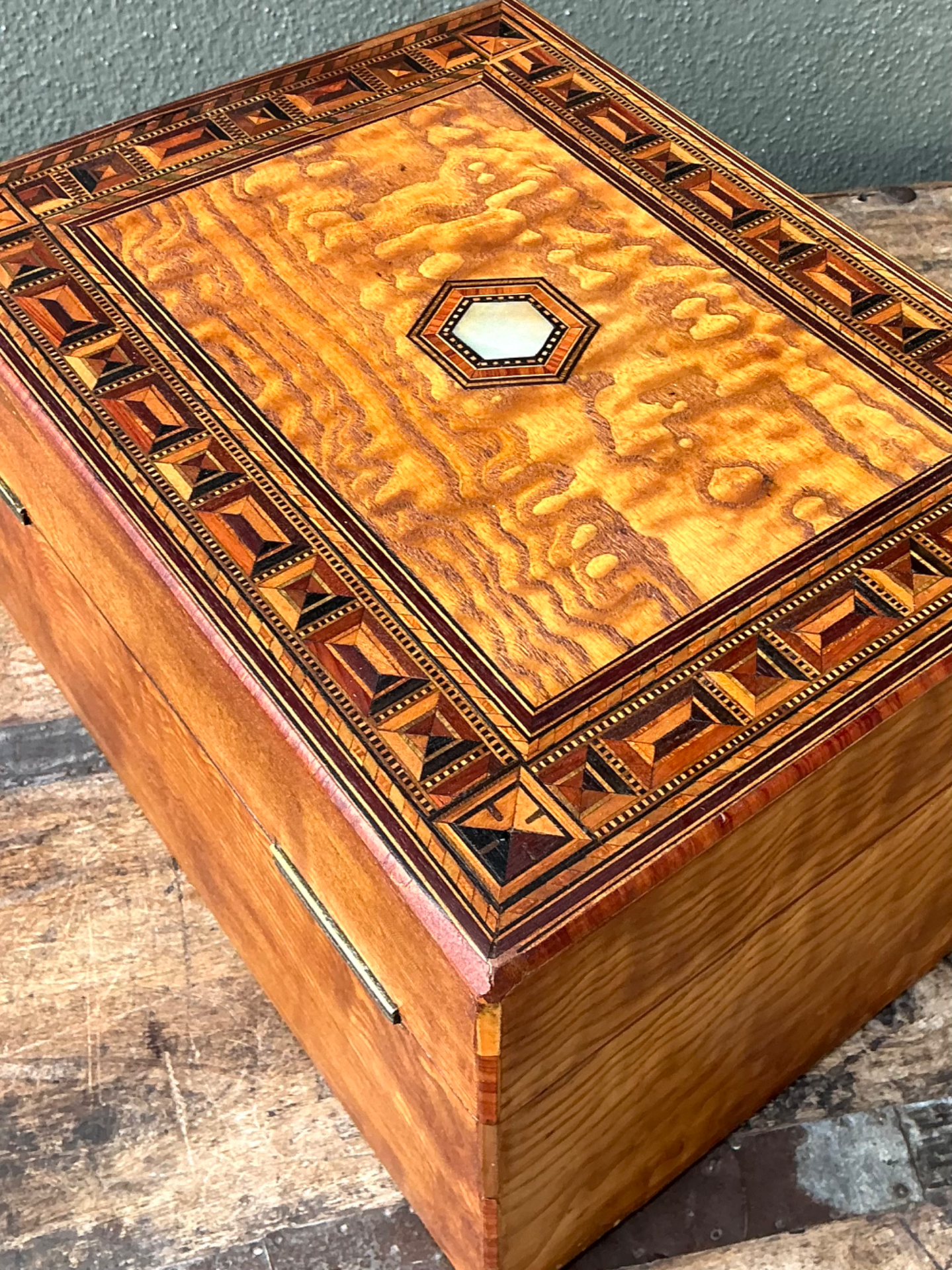 Vintage Marquetry Inlaid Wood Box - Top view