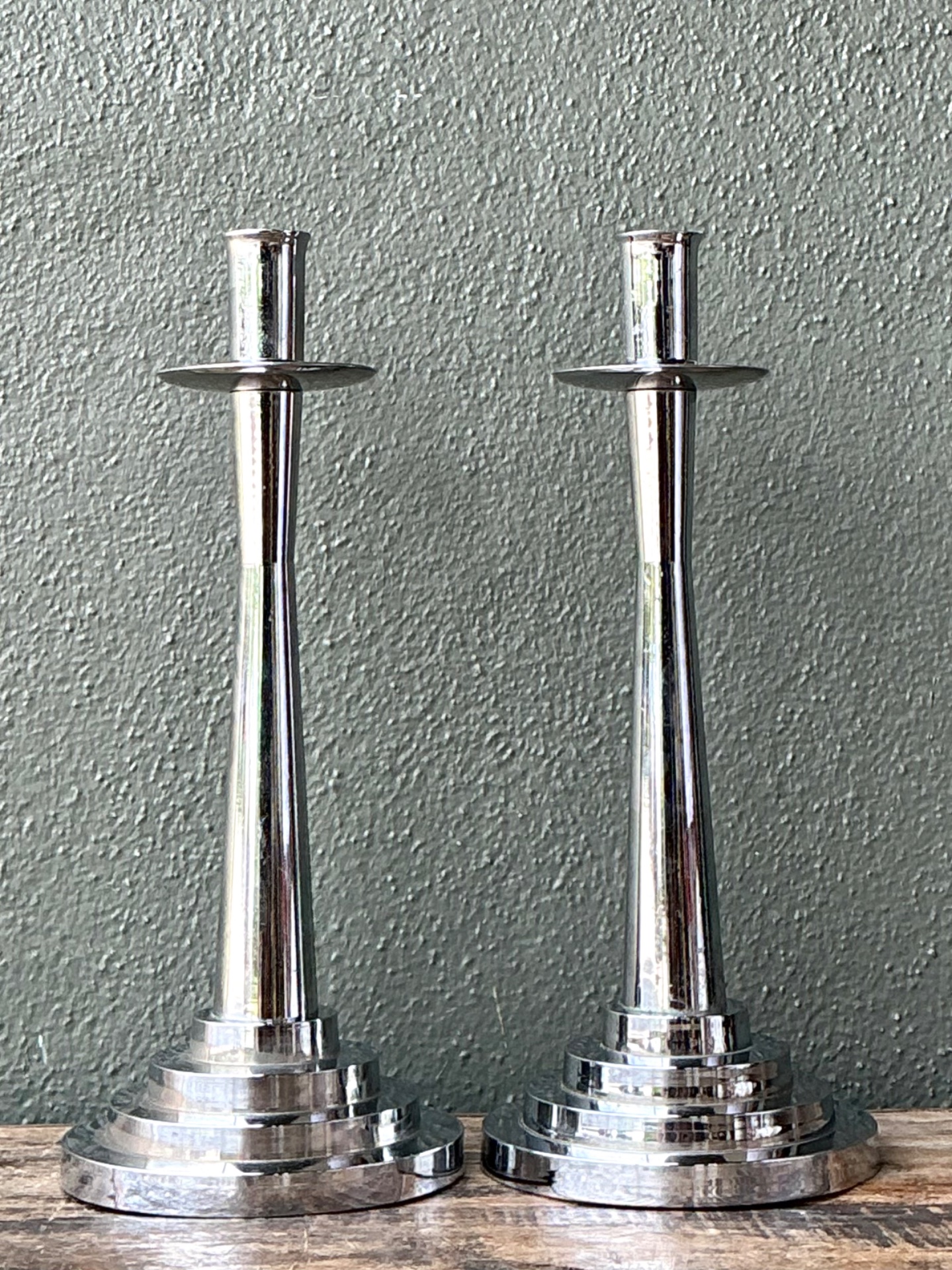 Vintage Stepped Base Chrome Candlesticks - Side view