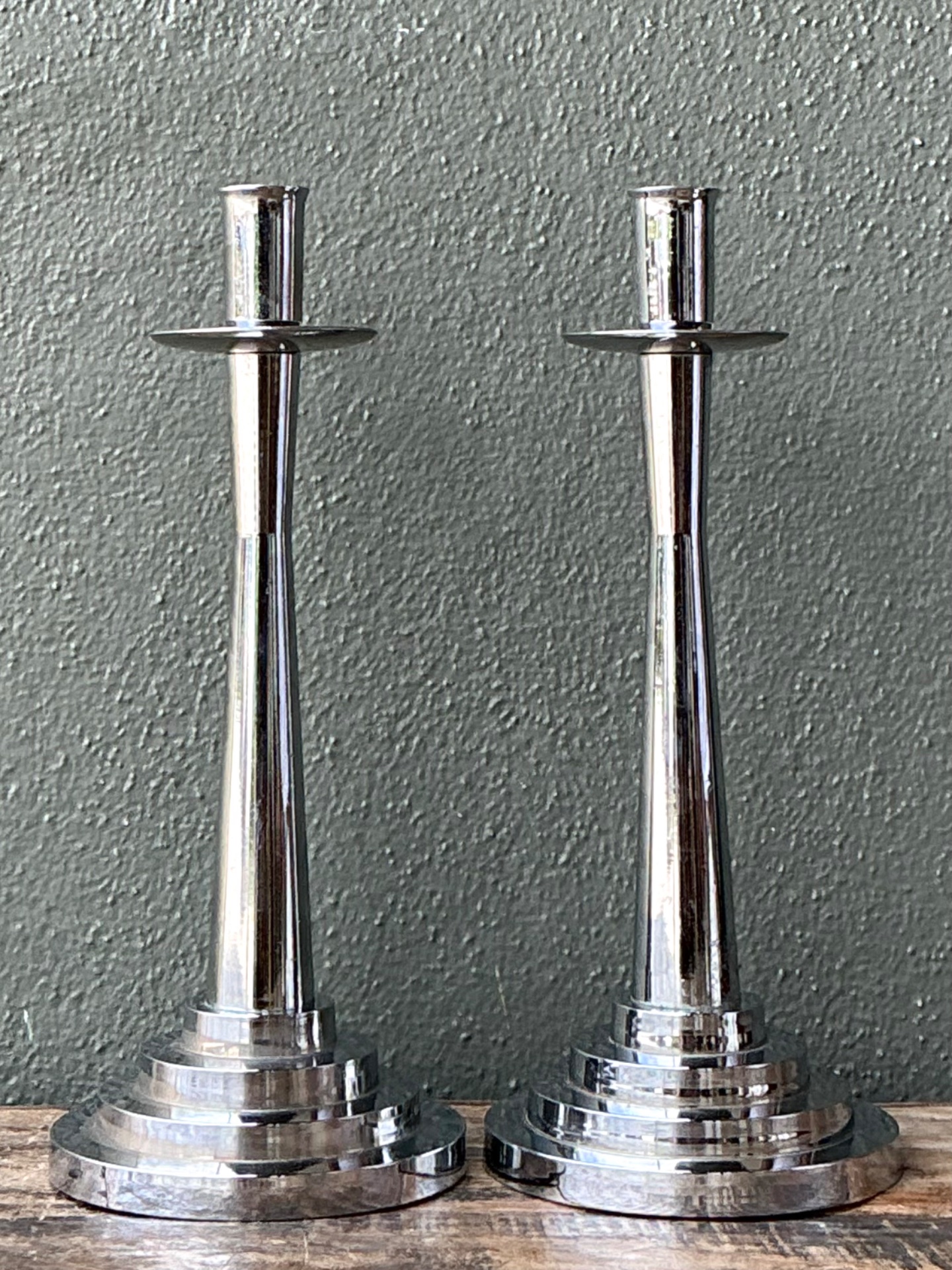 Vintage Stepped Base Chrome Candlesticks - Back view