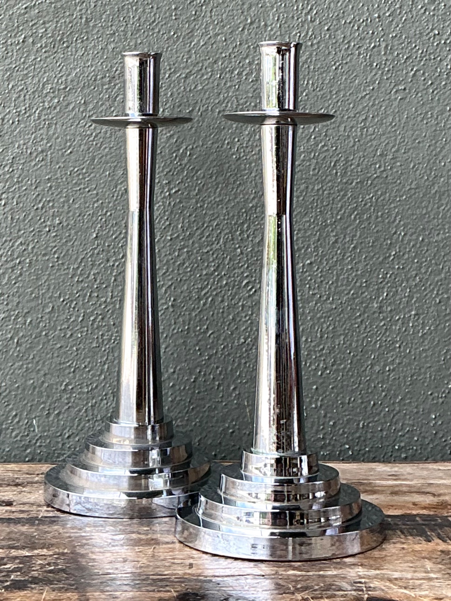 Vintage Stepped Base Chrome Candlesticks - Detail view