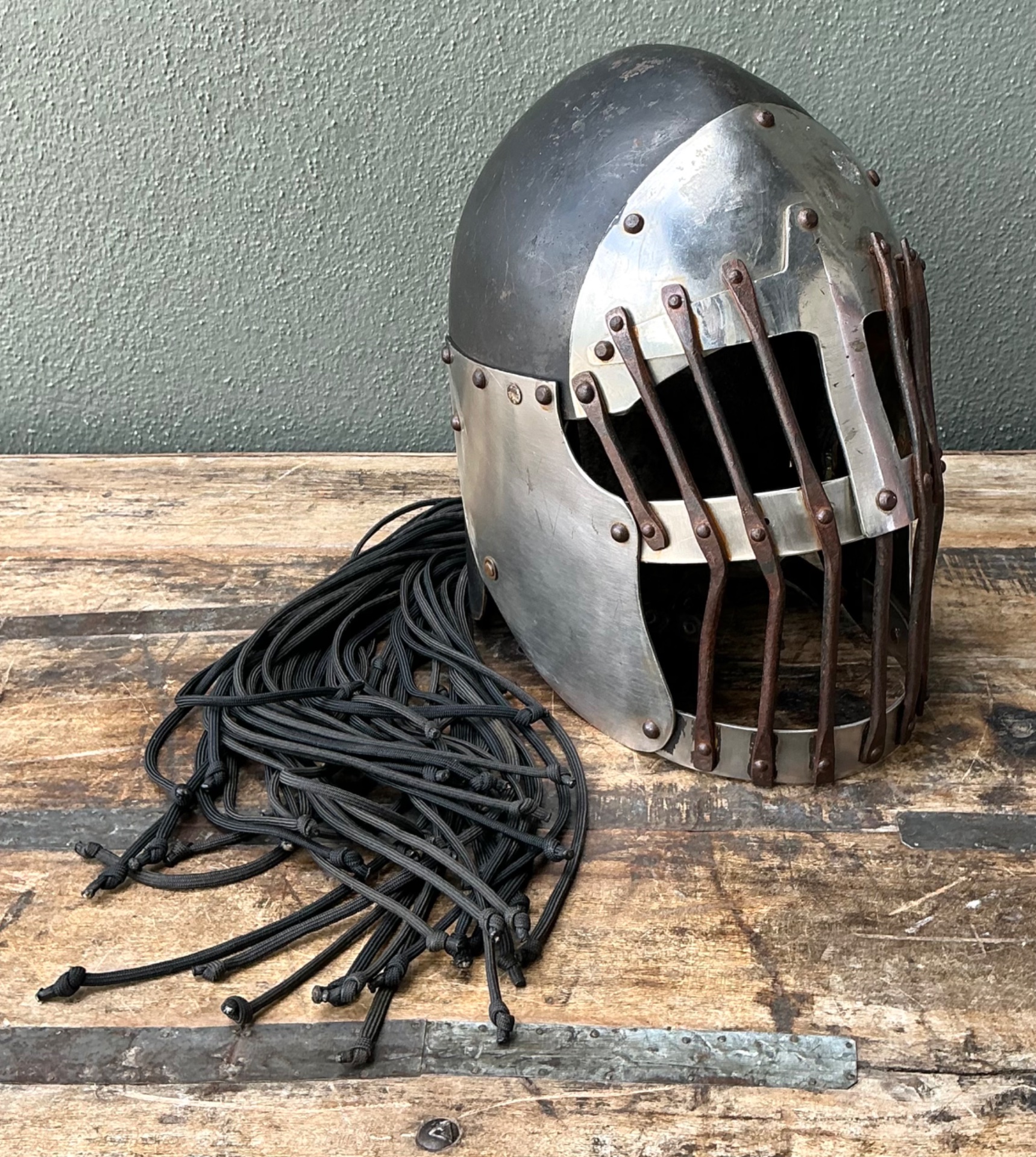Vintage Gothic Metal Helmet With Leather Detail - Detail view