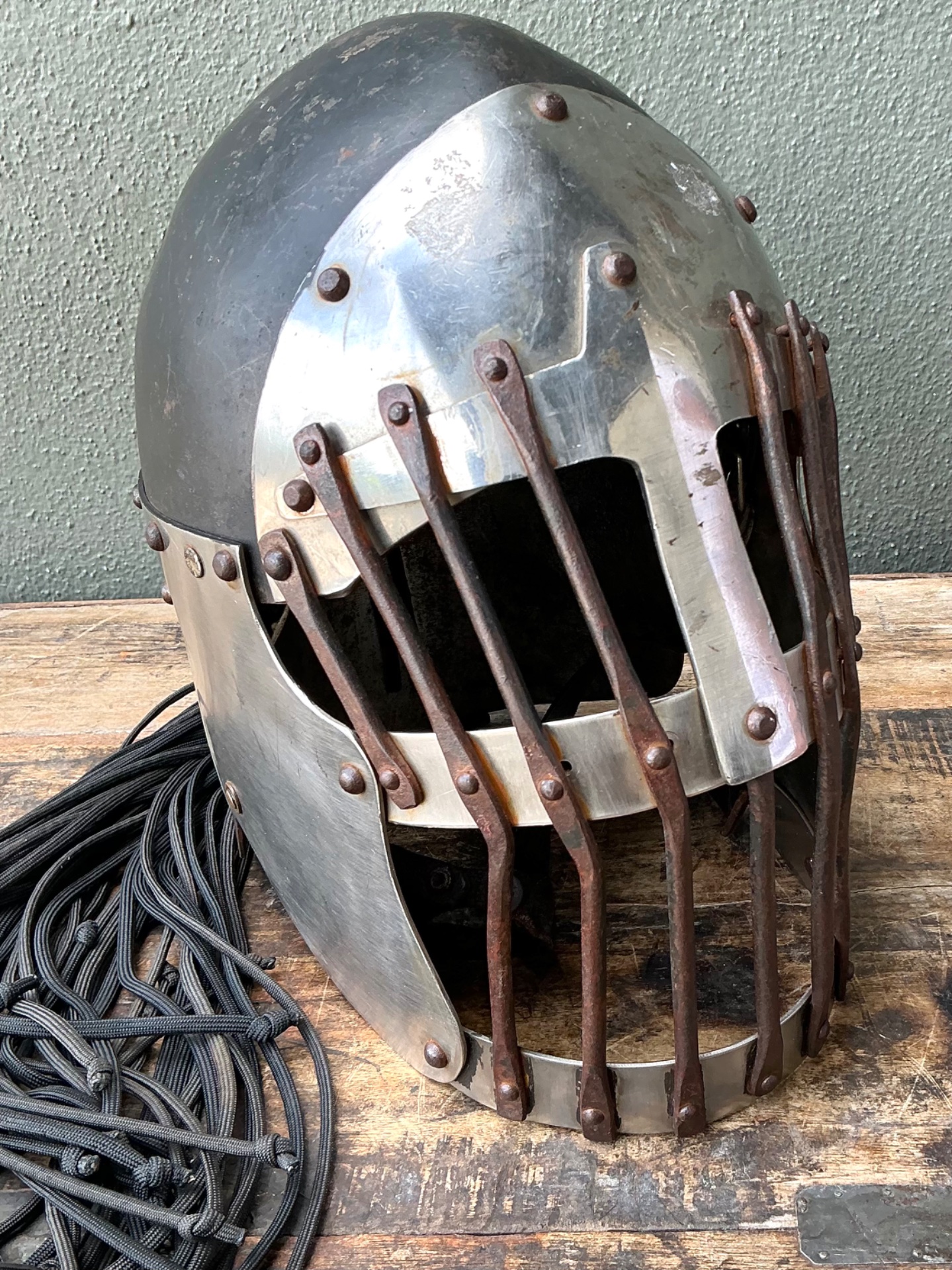 Vintage Gothic Metal Helmet With Leather Detail - Back view