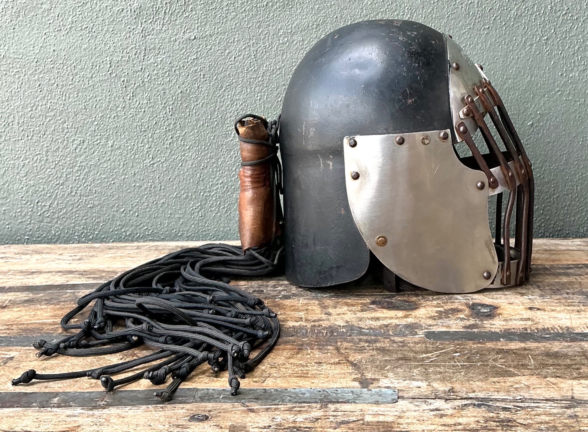 Vintage Gothic Metal Helmet With Leather Detail - Top view