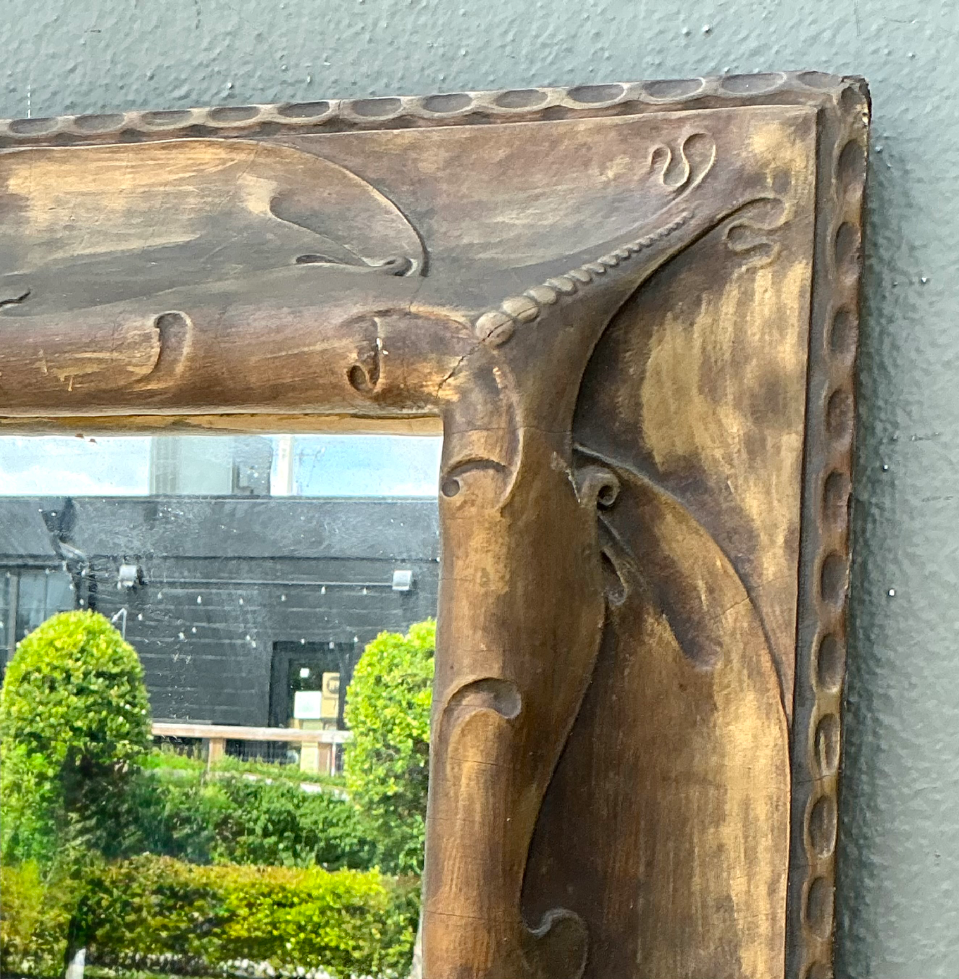 Vintage Art Nouveau Ornate Carved Wood Mirror - Detail view