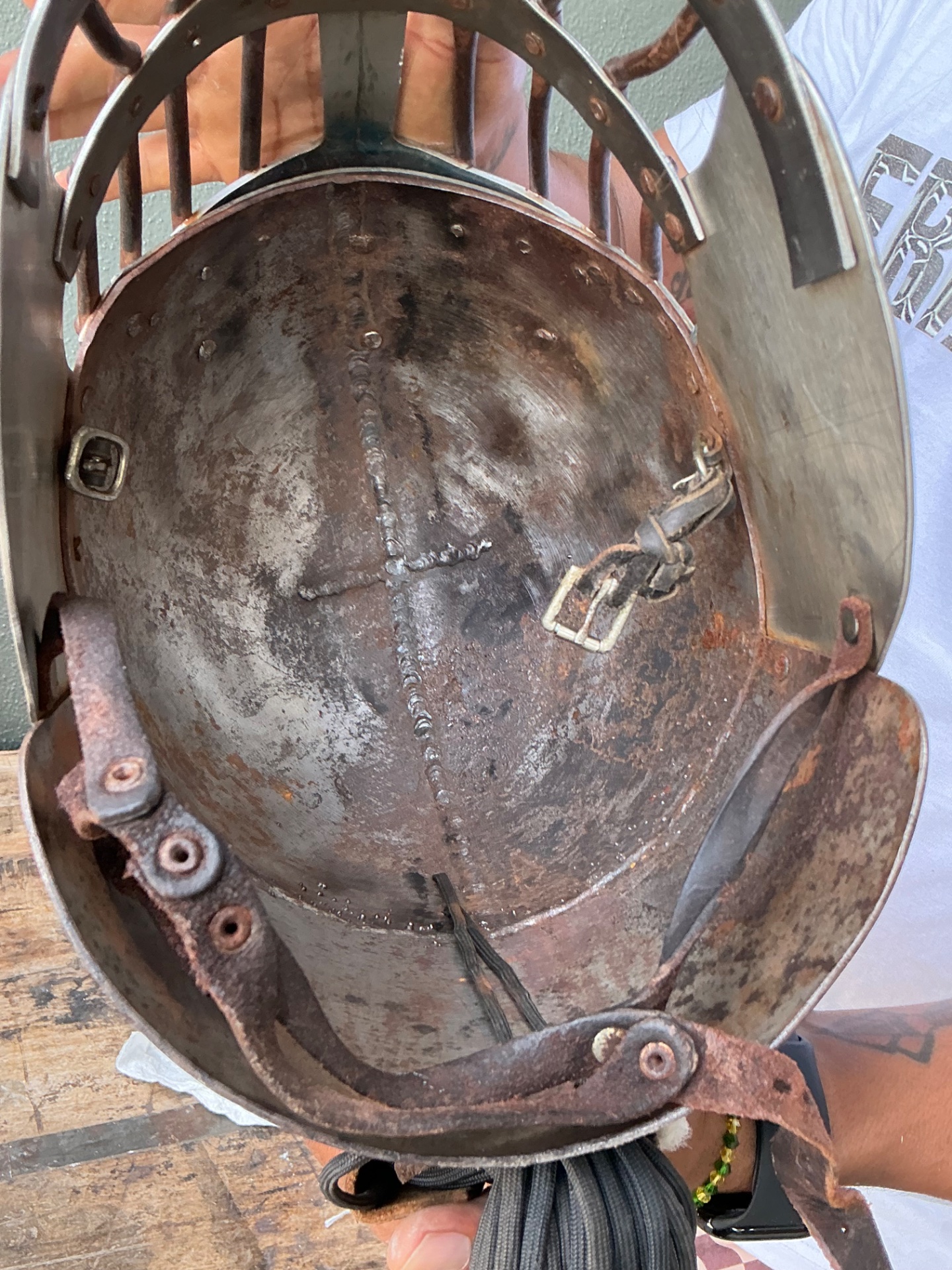 Vintage Gothic Metal Helmet With Leather Detail - Side view