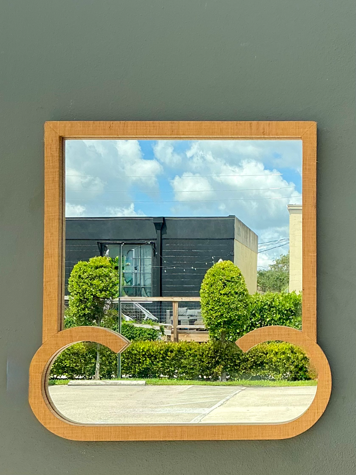 Vintage Grasscloth and Wood Wall Mirror - Side view
