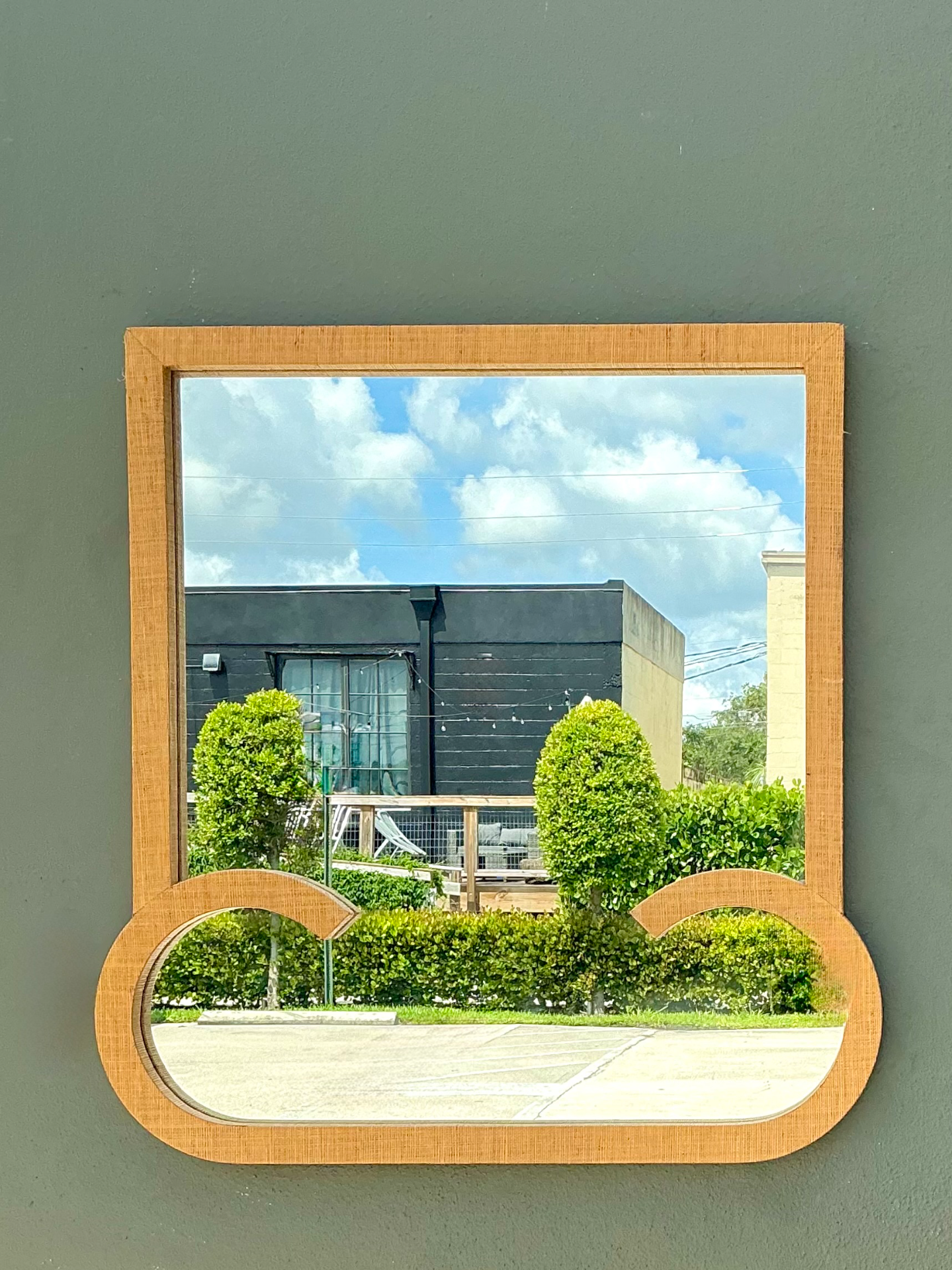 Vintage Grasscloth and Wood Wall Mirror - Detail view