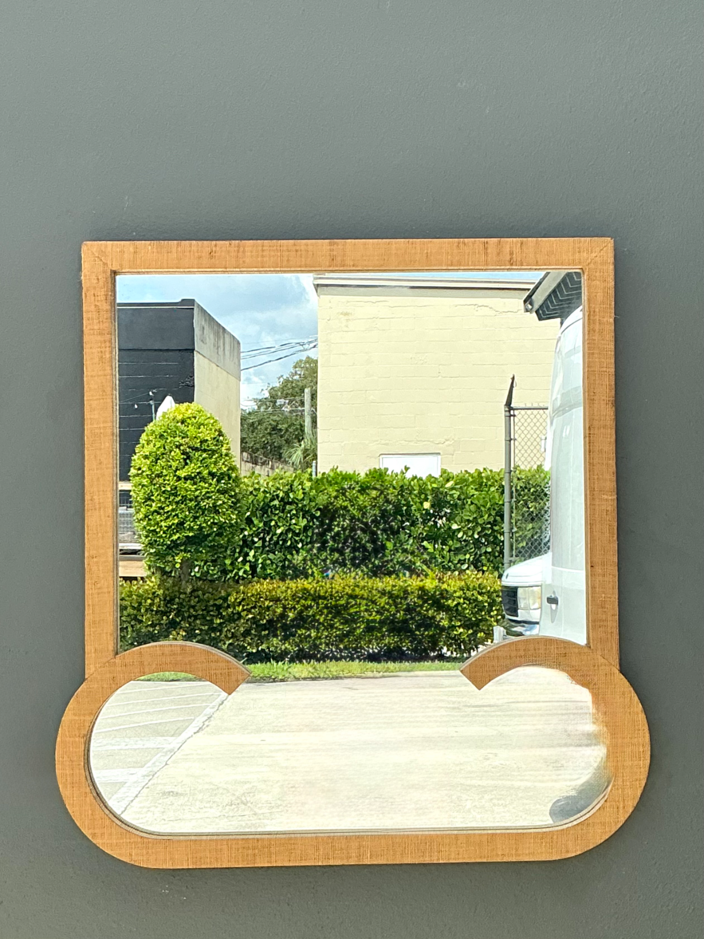 Vintage Grasscloth and Wood Wall Mirror - Top view