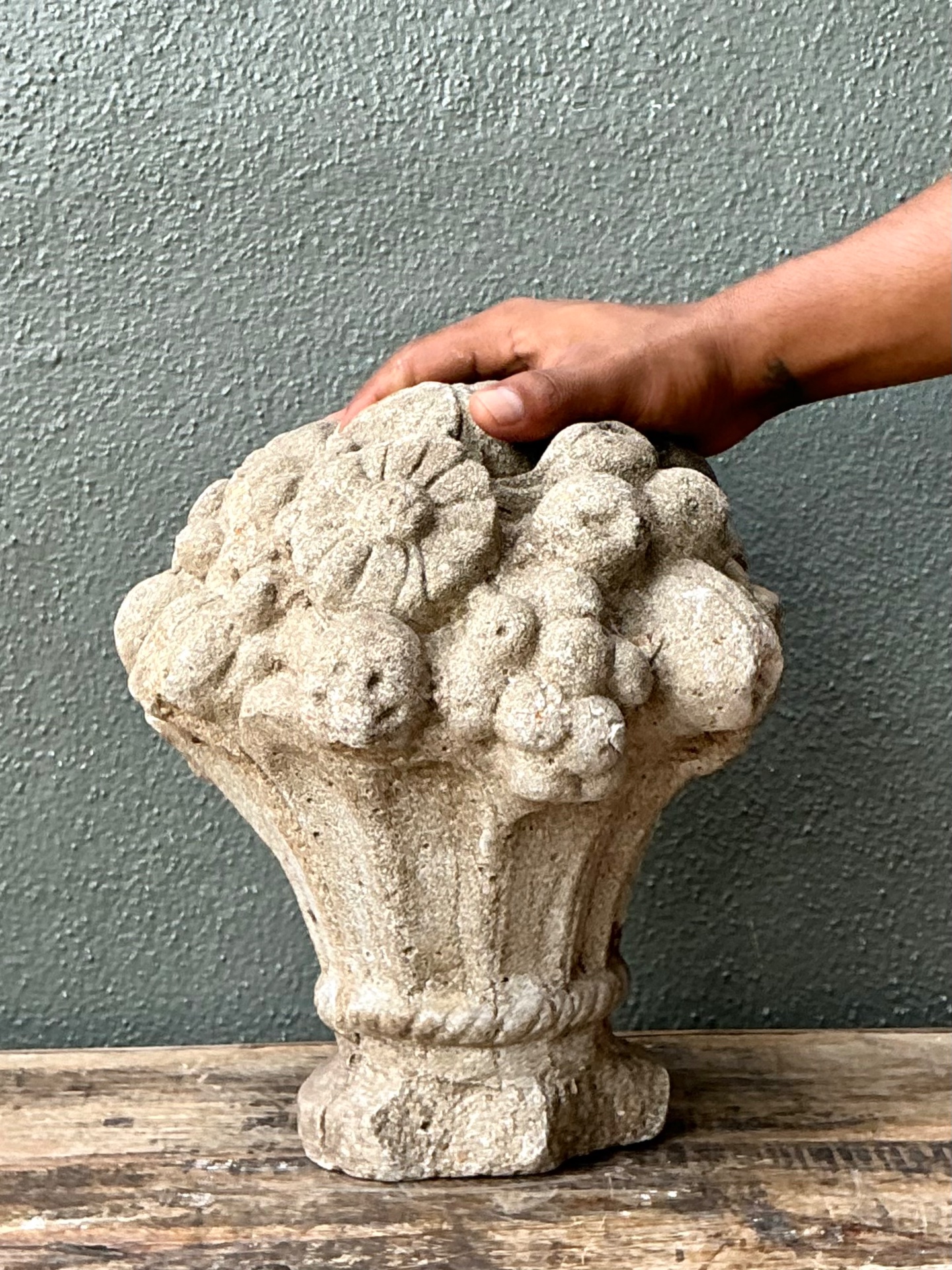 Vintage Concrete Fruit Basket Sculpture - Side view