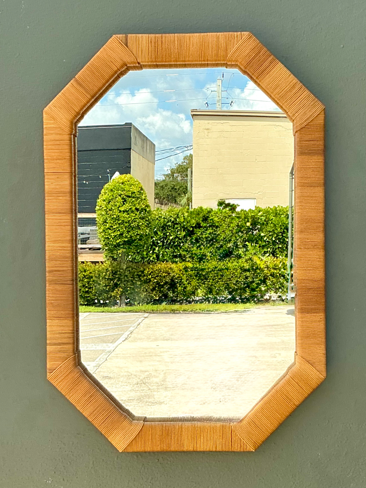 Vintage Octagonal Wrapped Rattan Frame Mirror - Back view