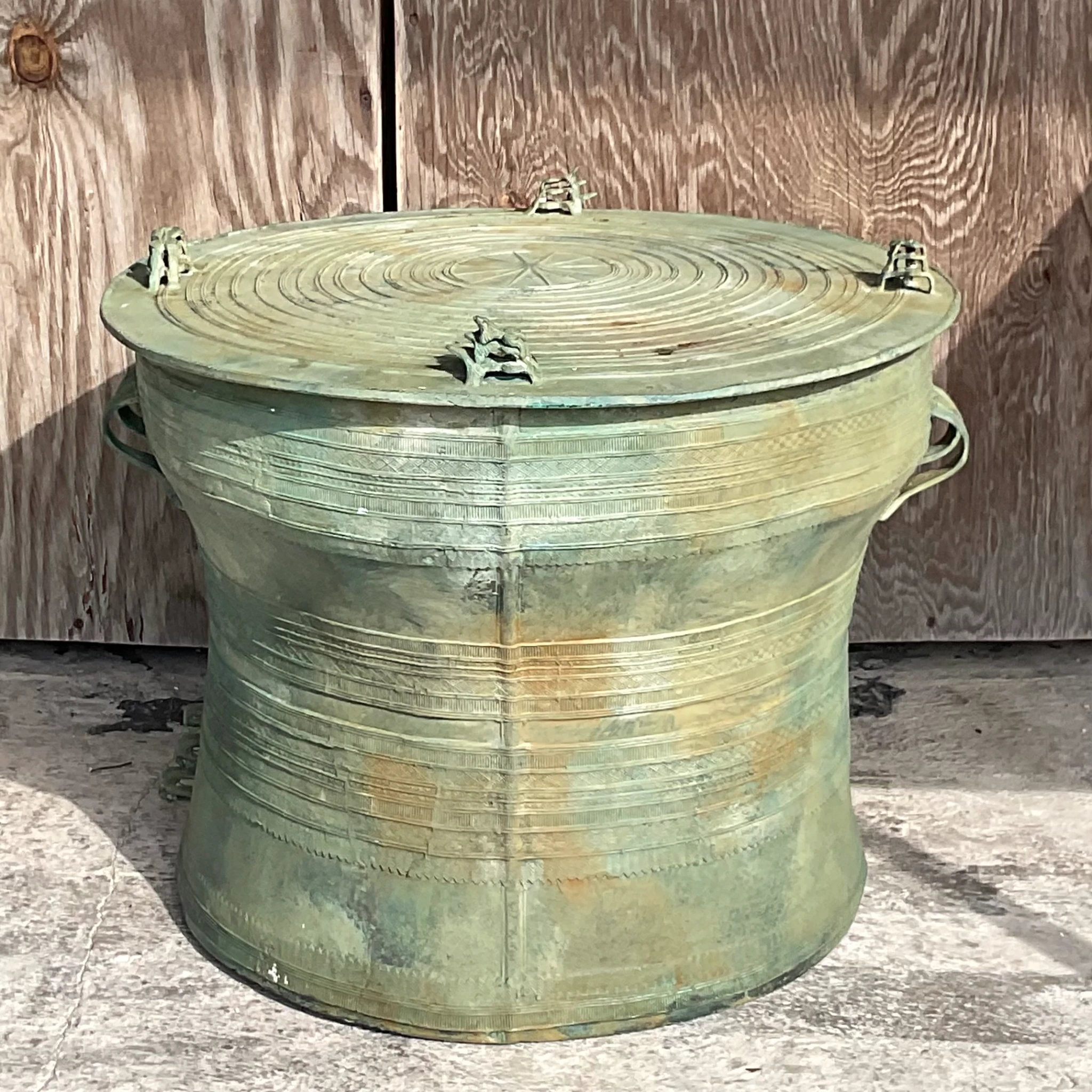 Late 20th Century Vintage Boho Southeast Asian Bronze Rain Drum Table - Back view
