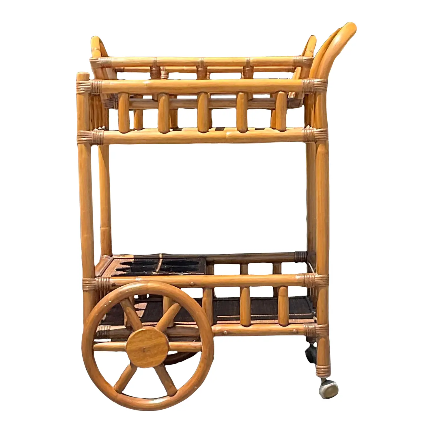 Mid 20th Century Vintage Coastal Rattan Bar Cart - Rattan, 27W x 36.25H