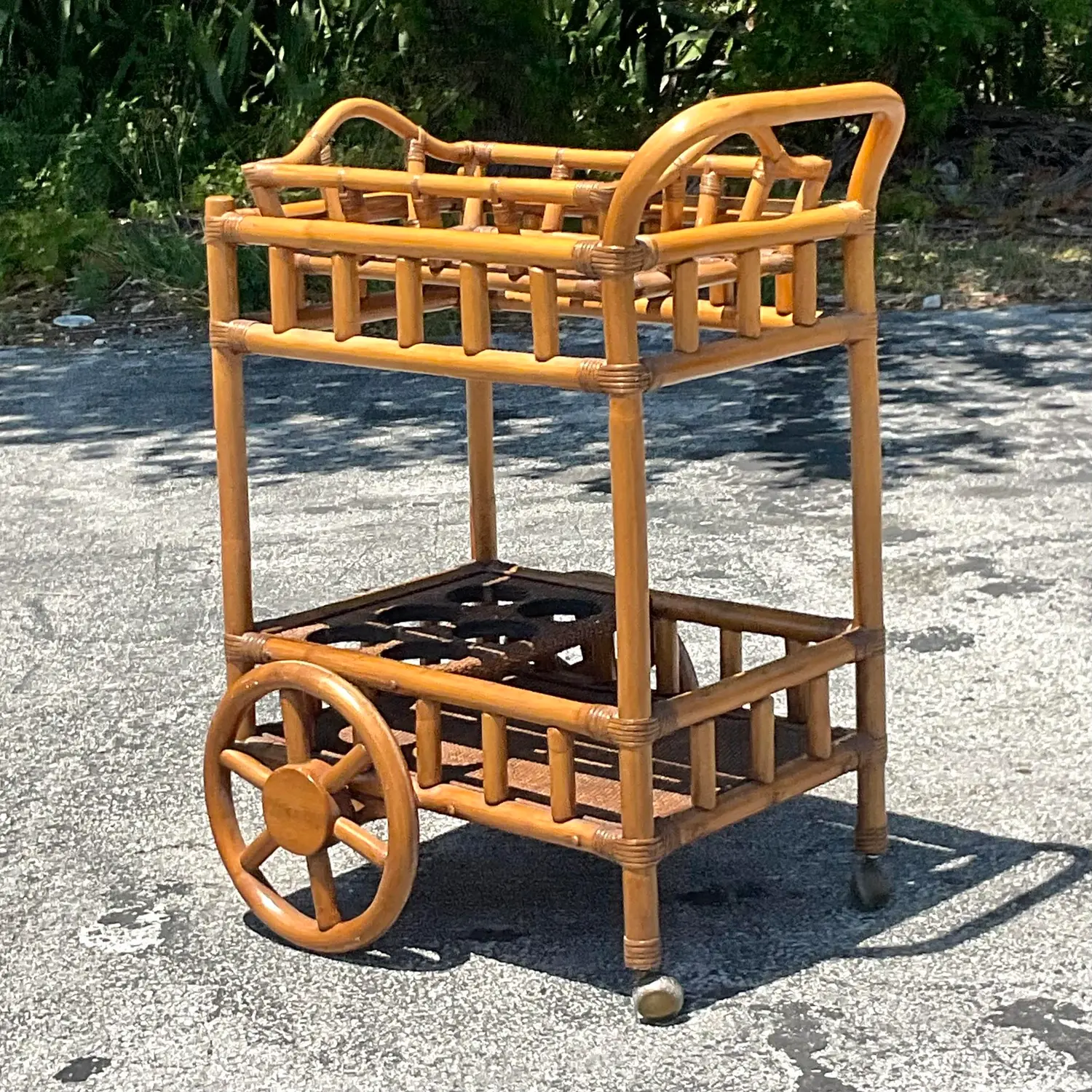 Mid 20th Century Vintage Coastal Rattan Bar Cart - Rattan, 27W x 36.25H - Side view
