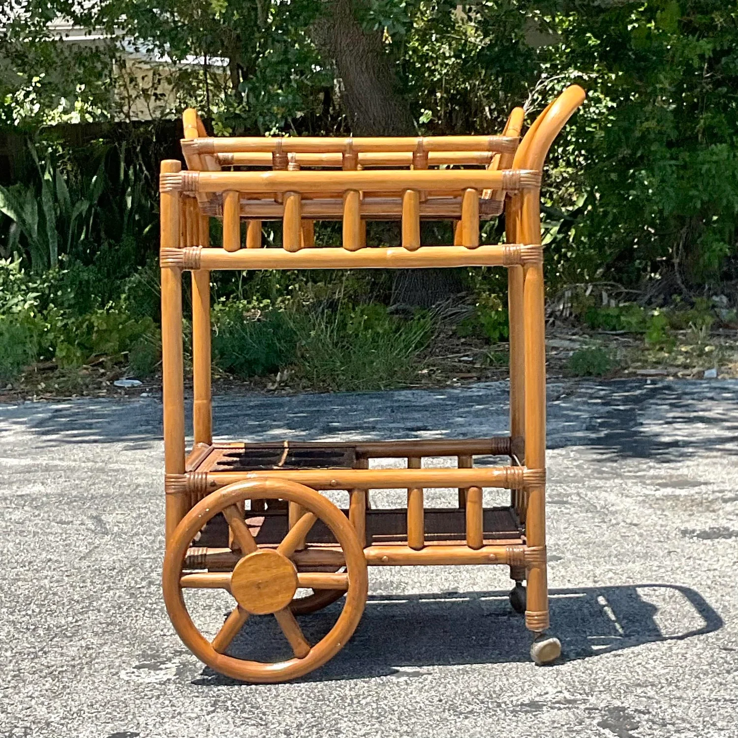 Mid 20th Century Vintage Coastal Rattan Bar Cart - Rattan, 27W x 36.25H - Detail view