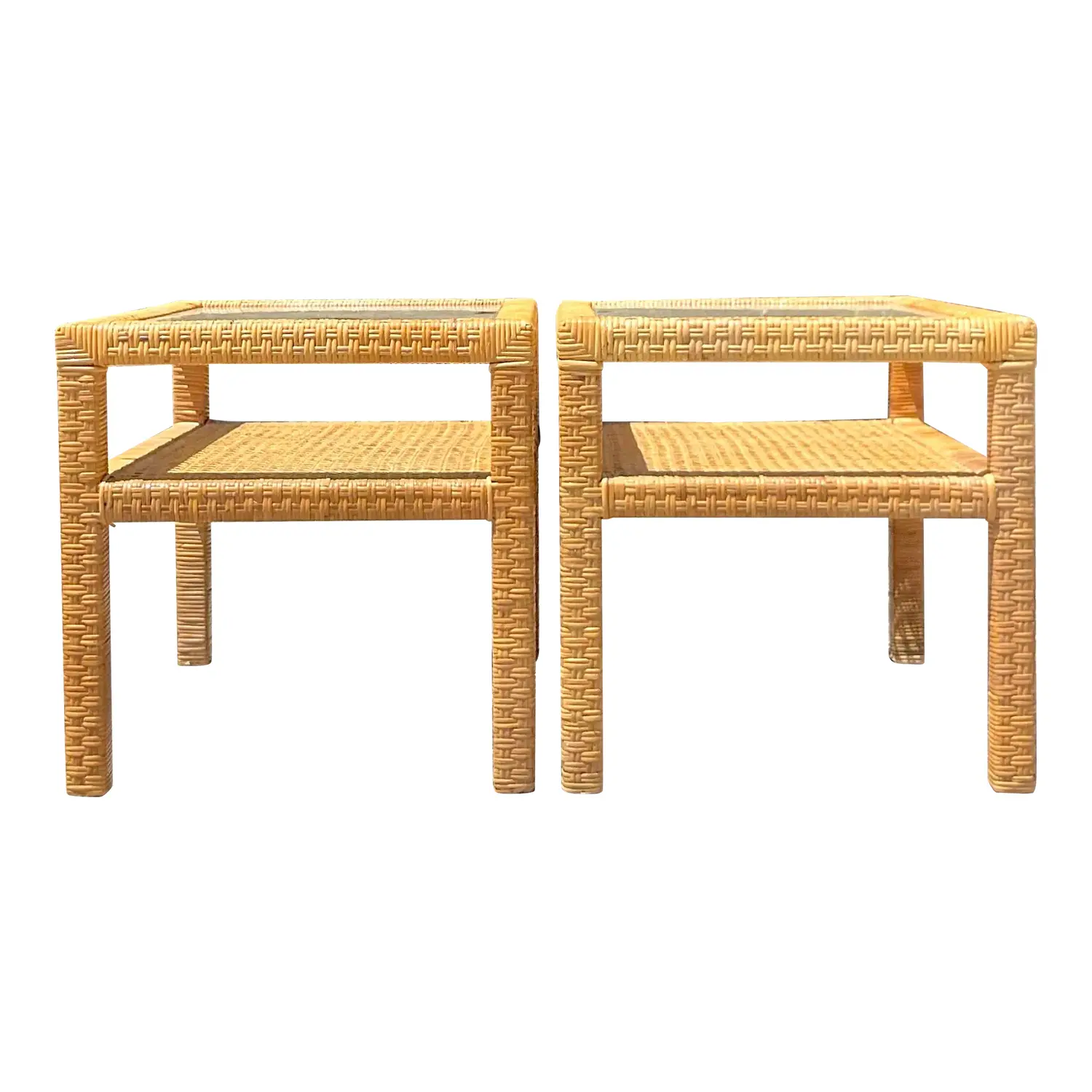 Mid 20th Century Vintage Coastal Woven Rattan Side Tables - Pair of 2