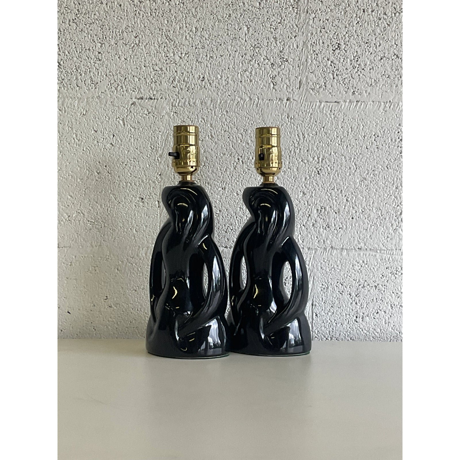 Midcentury Abstract Black Glazed Ceramic Boudoir Lamps - a Pair - Back view