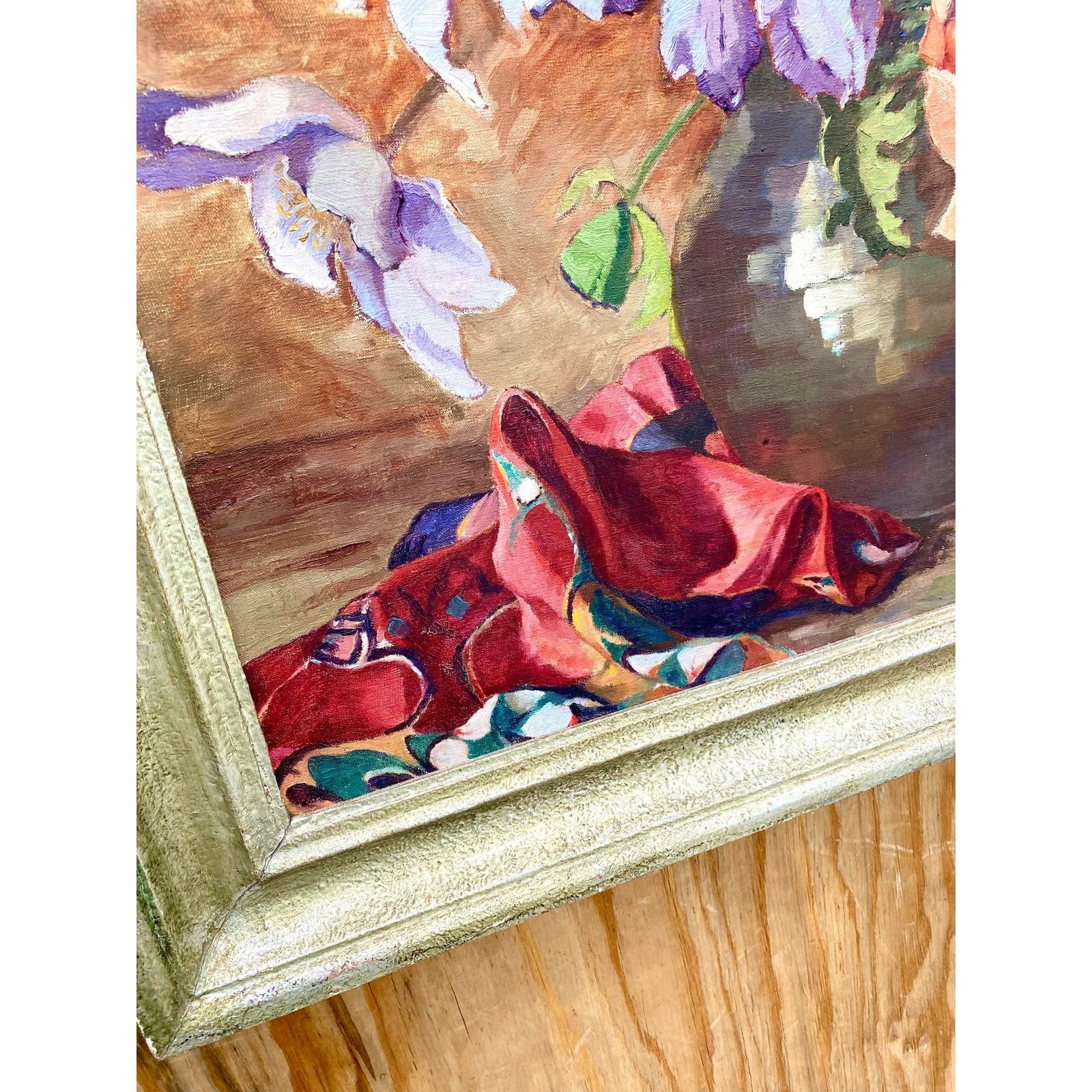 Midcentury Original Floral Oil Painting Signed - Detail view