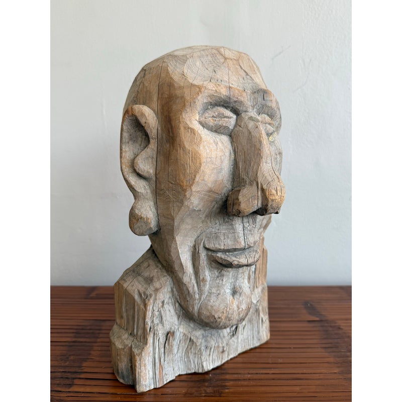 Primitive Boho Hand-Carved Wood Bust - Back view