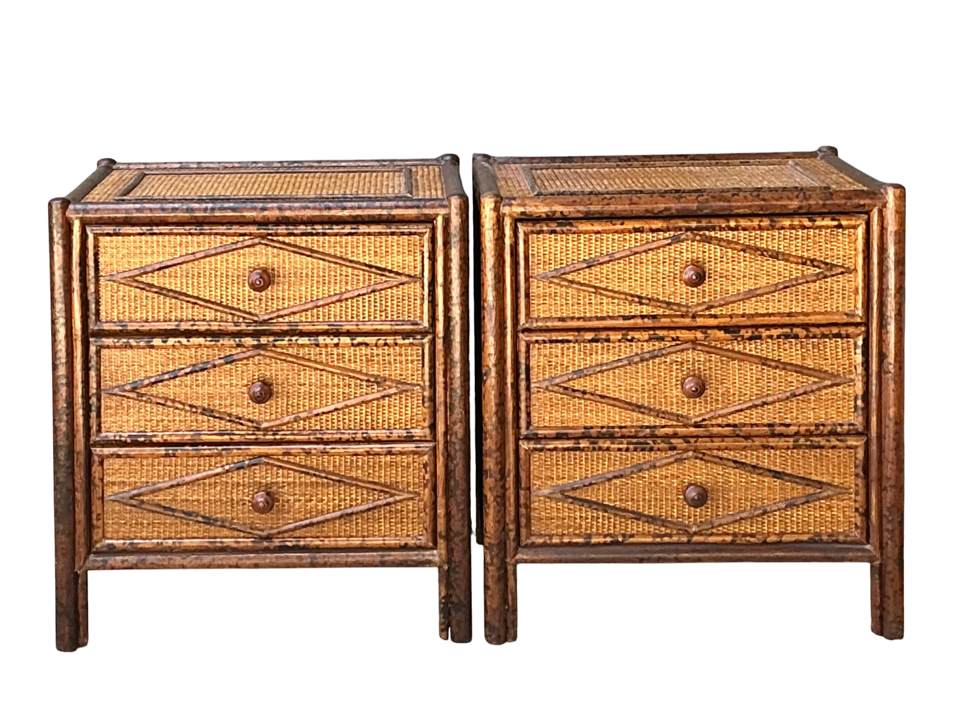 Vintage Tortoise Bamboo And Rattan Nightstands - A Pair