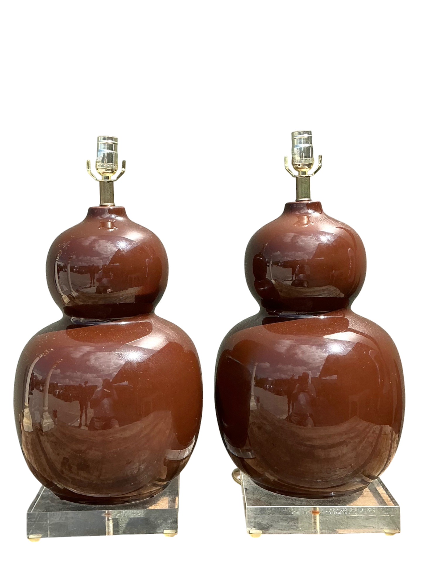 Vintage Glazed Ceramic Gourd Lamps - A Pair