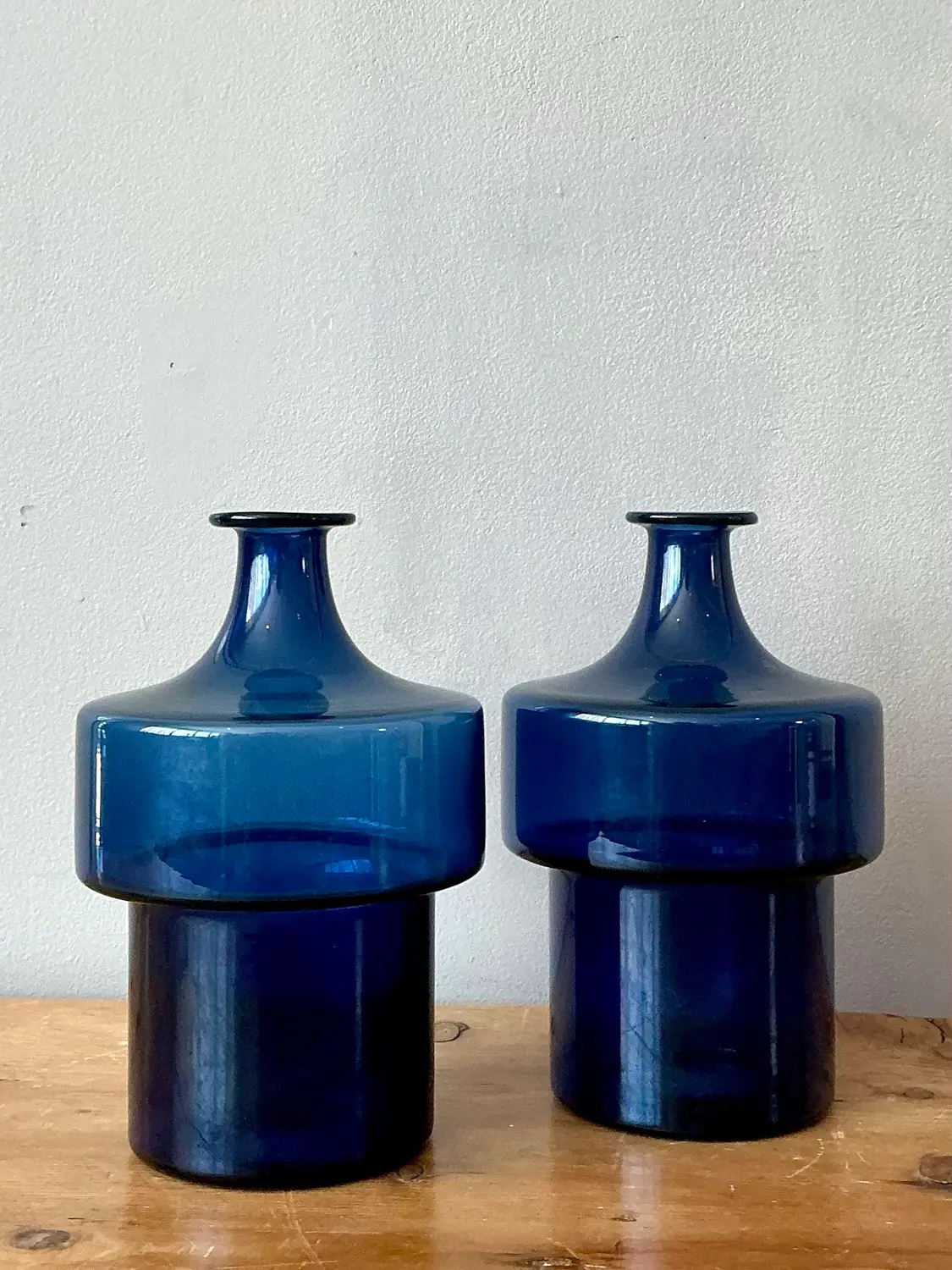 Vintage 1960s Timo Sarpaneva Littala Finland Blue Glass Decanter - A Pair - Side view