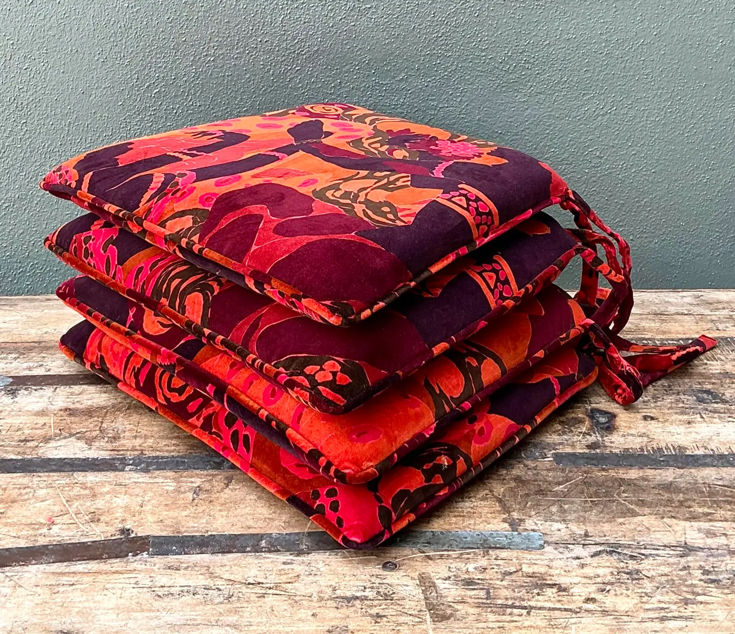 Vintage 80s Yves St Laurent Printed Velvet Tie Cushions - Set of Four - Detail view