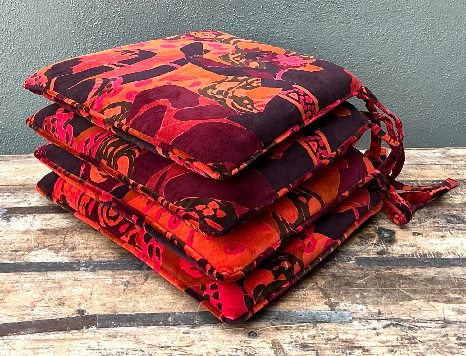 Vintage 80s Yves St Laurent Printed Velvet Tie Cushions - Set of Four - Side view