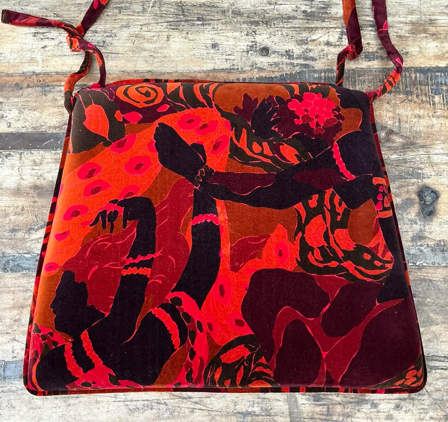 Vintage 80s Yves St Laurent Printed Velvet Tie Cushions - Set of Four - Back view