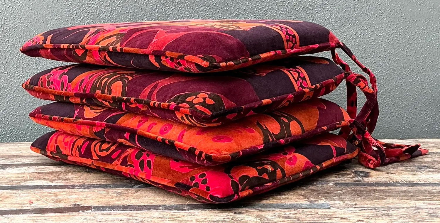 Vintage 80s Yves St Laurent Printed Velvet Tie Cushions - Set of Four - Top view