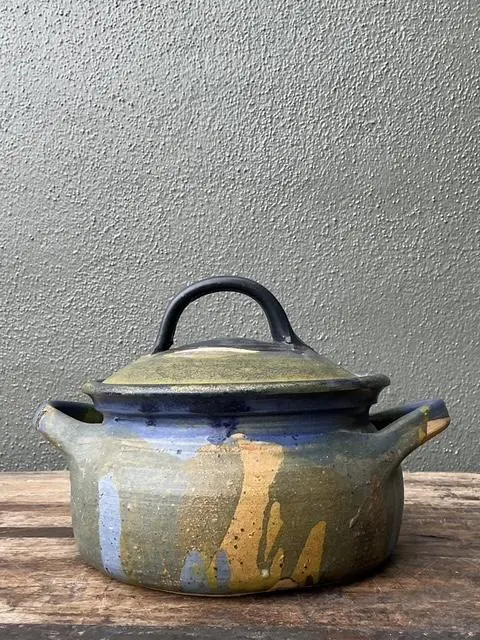 Vintage Aboriginal Studio Pottery Drip Glaze Lidded Bowl - Side view