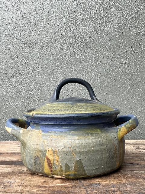 Vintage Aboriginal Studio Pottery Drip Glaze Lidded Bowl - Back view